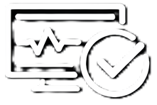 Medical or health monitoring icon with a monitor display and a check mark in front of a heart rate graph.