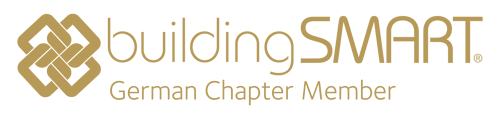 Logo mit Text "buildingSMART German Chapter Member" in Goldfarben auf hellem Hintergrund.