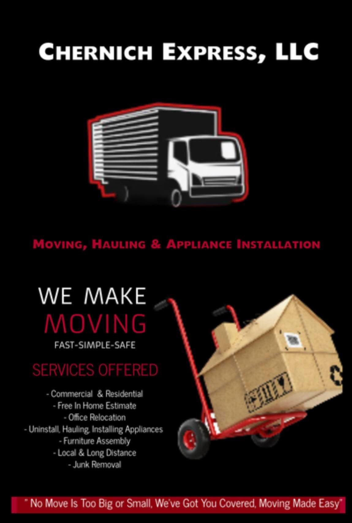 Chernich Express LLC logo with moving truck graphic and services including hauling, junk removal, and appliance installation