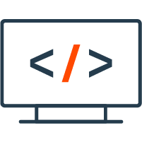 Computer monitor displaying HTML code with angle brackets and a slash in the center
