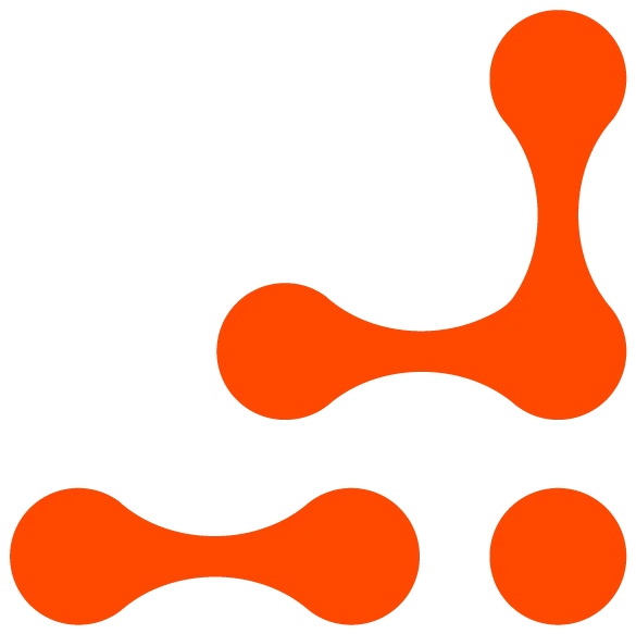 A graphic illustration of a molecular structure with connected orange blobs on a white background.