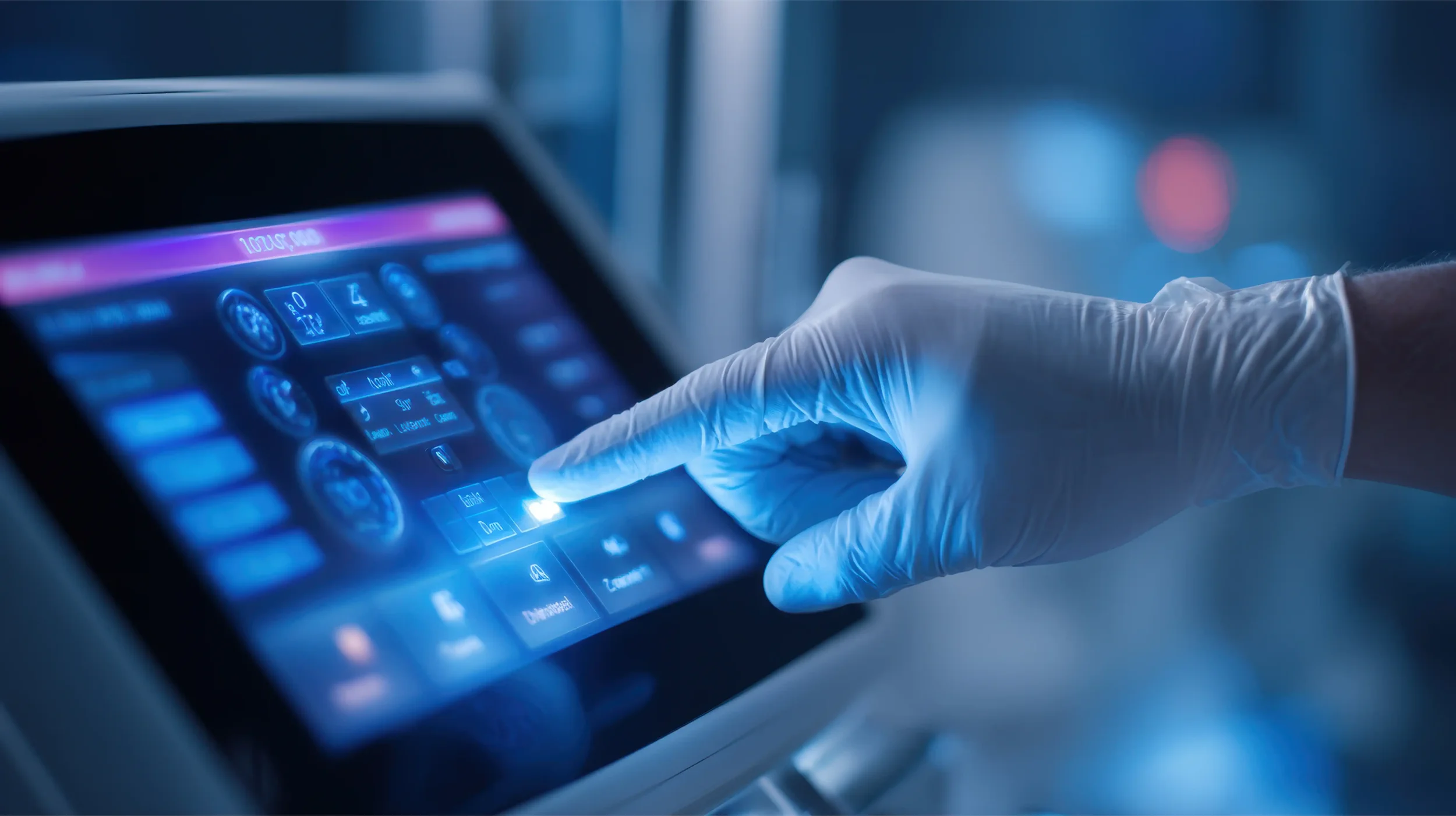 A gloved hand pressing buttons on a touchscreen control panel in a medical or laboratory setting, with a blurred background.