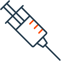 Illustration of a syringe with an orange tip and needle, viewed at an angle.