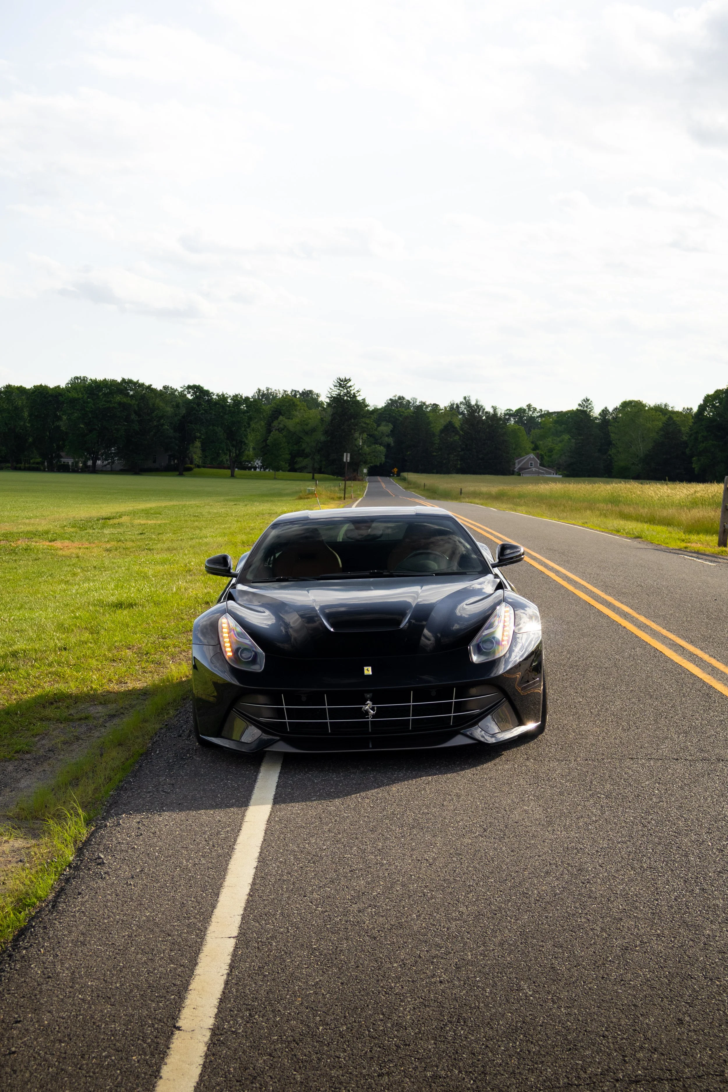 Black sports car parked on a rural road with green fields and trees in the background, under a cloudy sky.