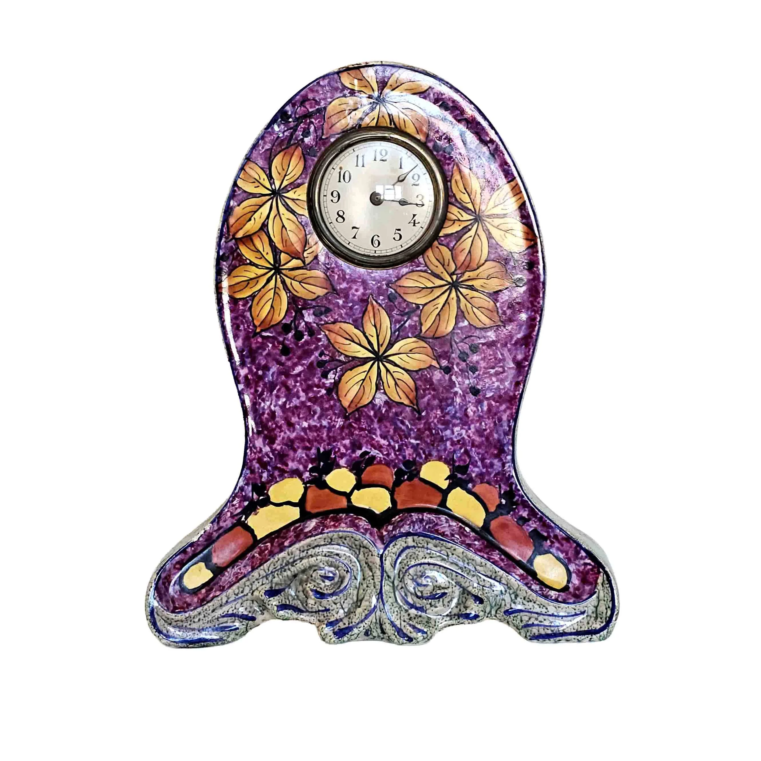 Early 20th Century Antique French Ceramic Mantle Clock Bright & Colourful Leaf Motif