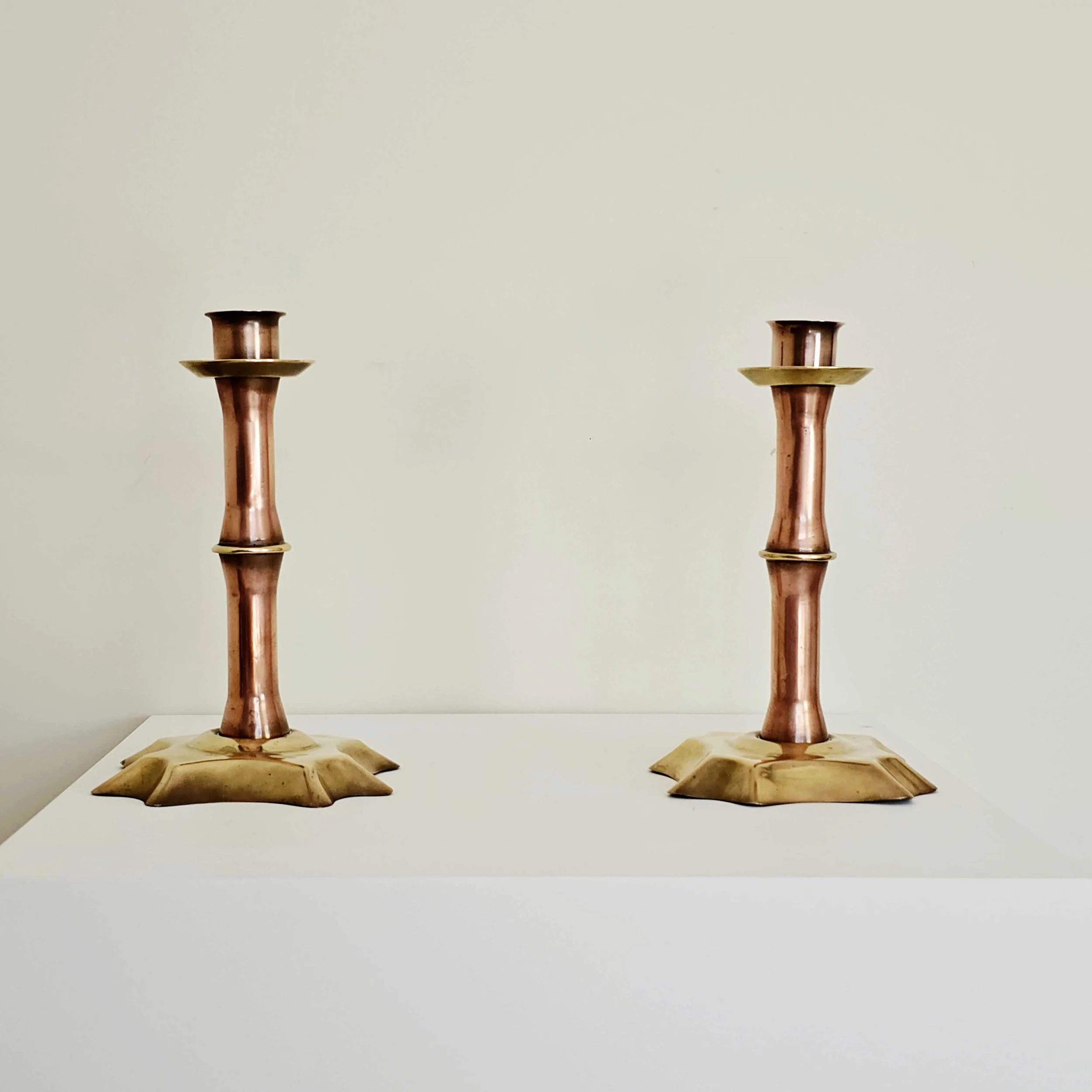 Pair of Arts & Crafts Copper and Brass Candlesticks - Bamboo-Form - C1910