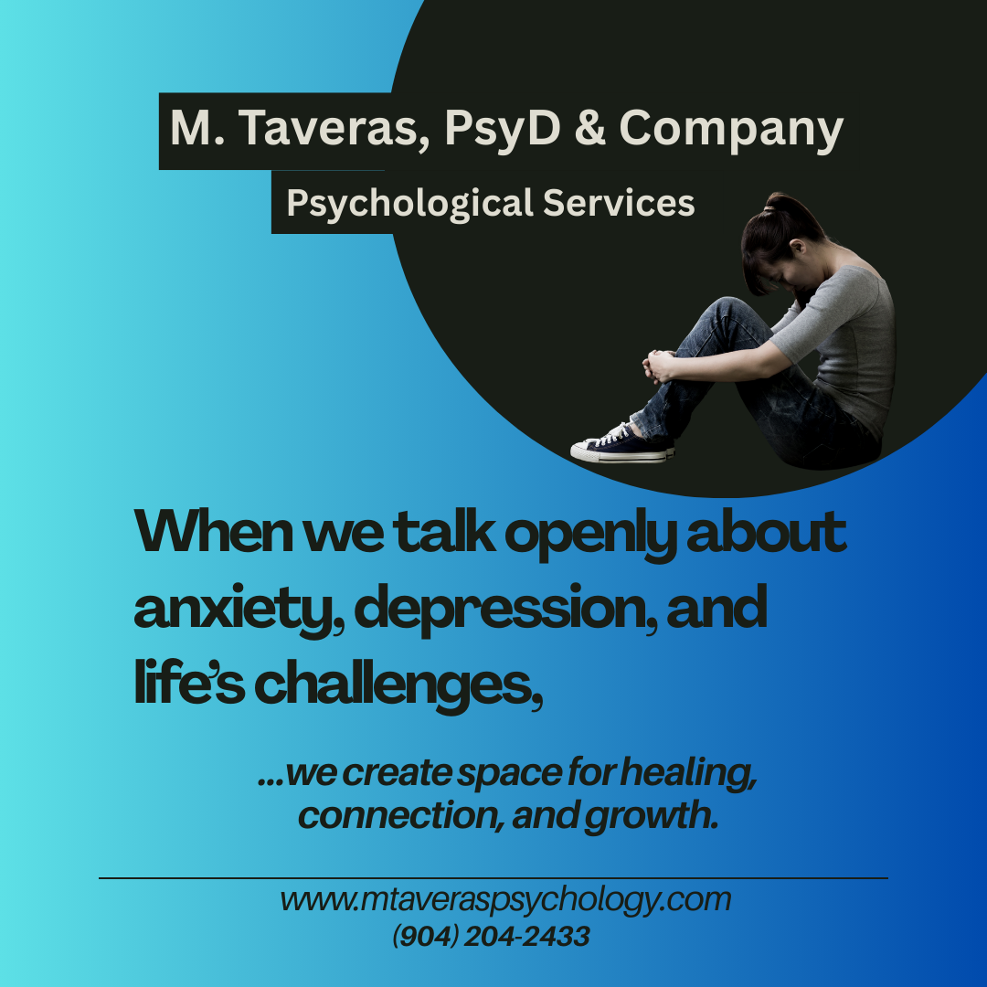 A flyer for M. Taveras, PsyD & Company, offering psychological services. It features a woman sitting with her head down and knees pulled up, conveying a sense of distress. The background has shades of blue and black, with bold text emphasizing talking openly about anxiety, depression, and life's challenges.