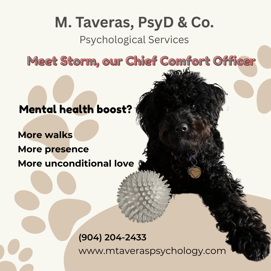 Advertisement poster for M. Taveras, PsyD & Co., psychological services, featuring a dog named Storm, the Chief Comfort Officer, with paw prints and a spiky ball toy, contact number and website.