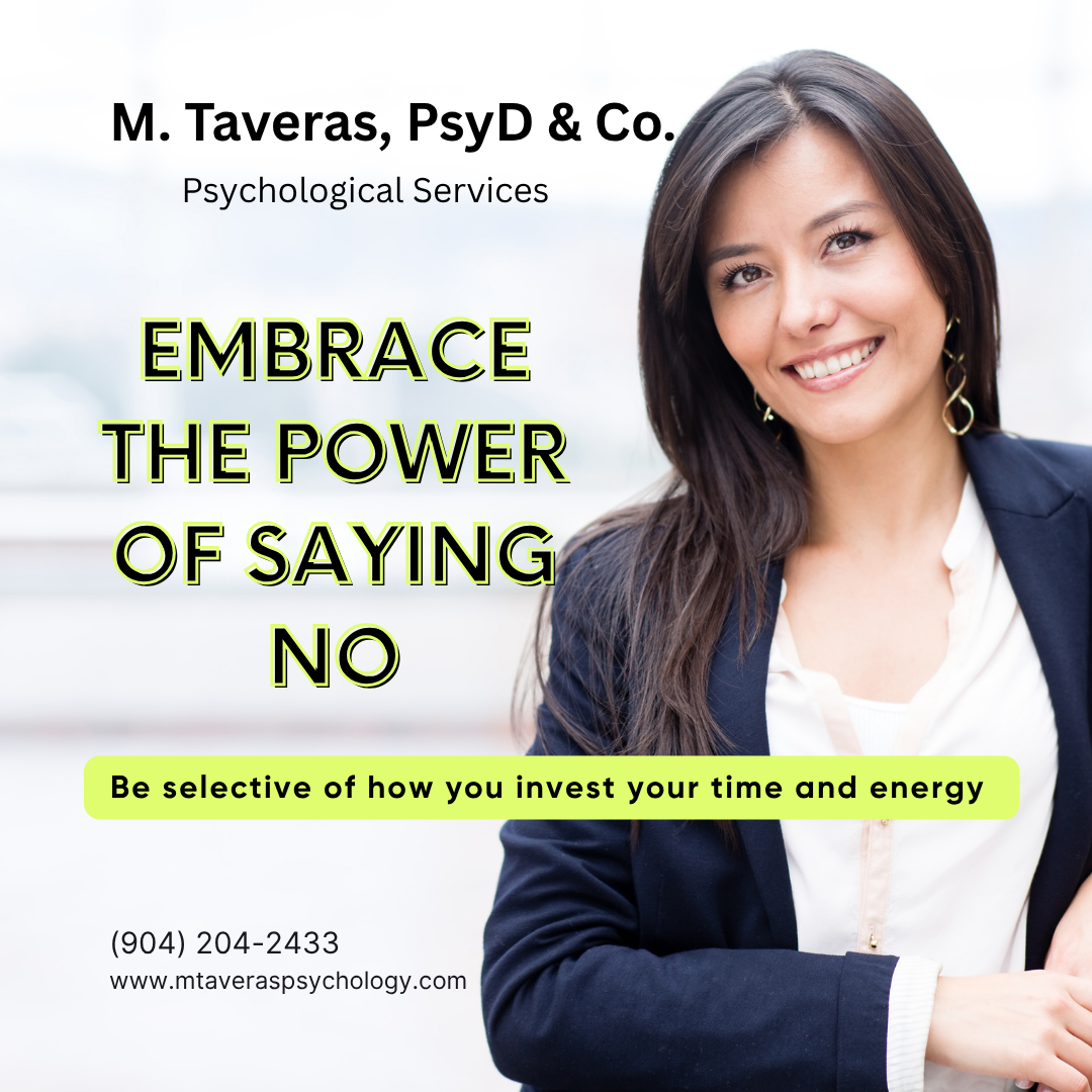 A woman in business attire smiling with text overlay about psychological services and positive messaging.
