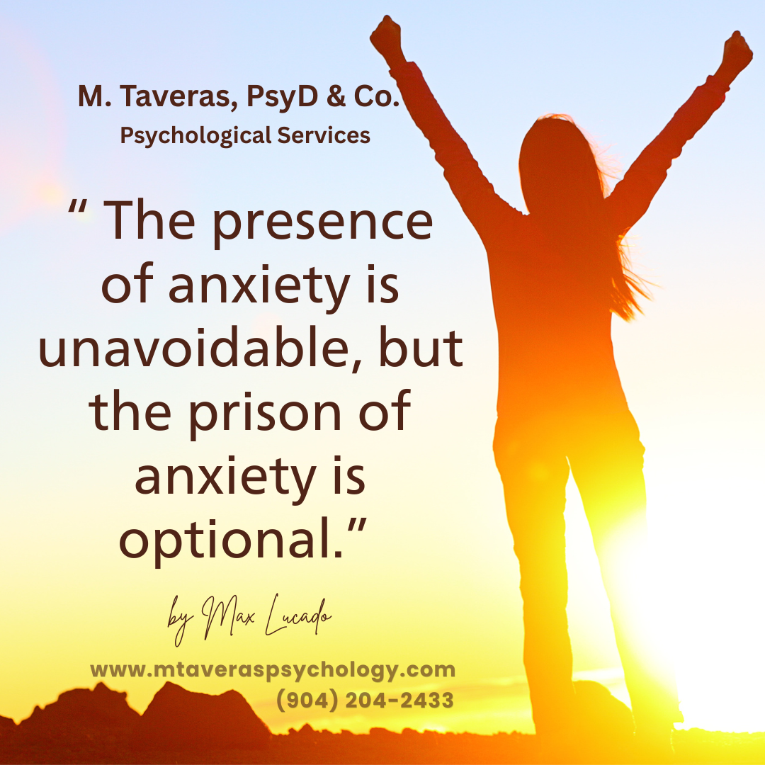 A person with arms raised standing on a rocky landscape during sunset, with a quote about anxiety and psychological services by M. Taveras, PsyD, and a website and phone number for the practice.