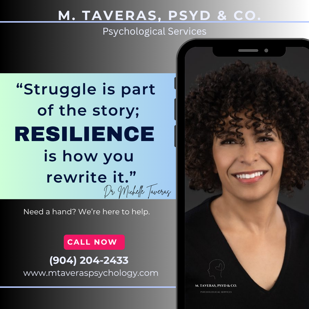 Advertisement for M. Taveras, PSYD & CO., Psychological Services. Features a quote about resilience and a smiling woman with curly hair on a smartphone screen. Includes contact info and website.