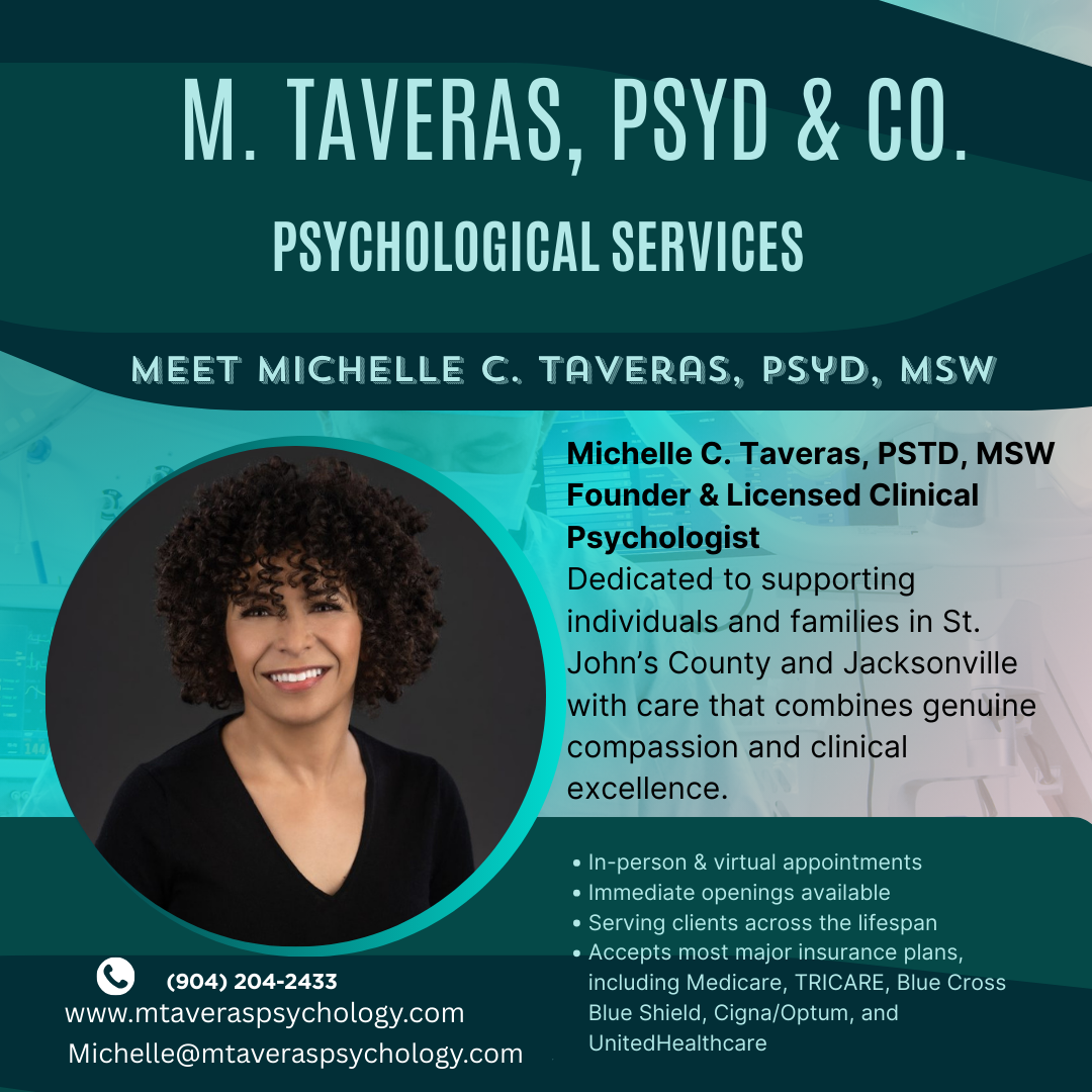 Business card for M. Taveras, PsyD & Co., Psychological Services featuring a woman with curly hair and text about Michelle C. Taveras, PsyD, MSW, her services, and contact information.