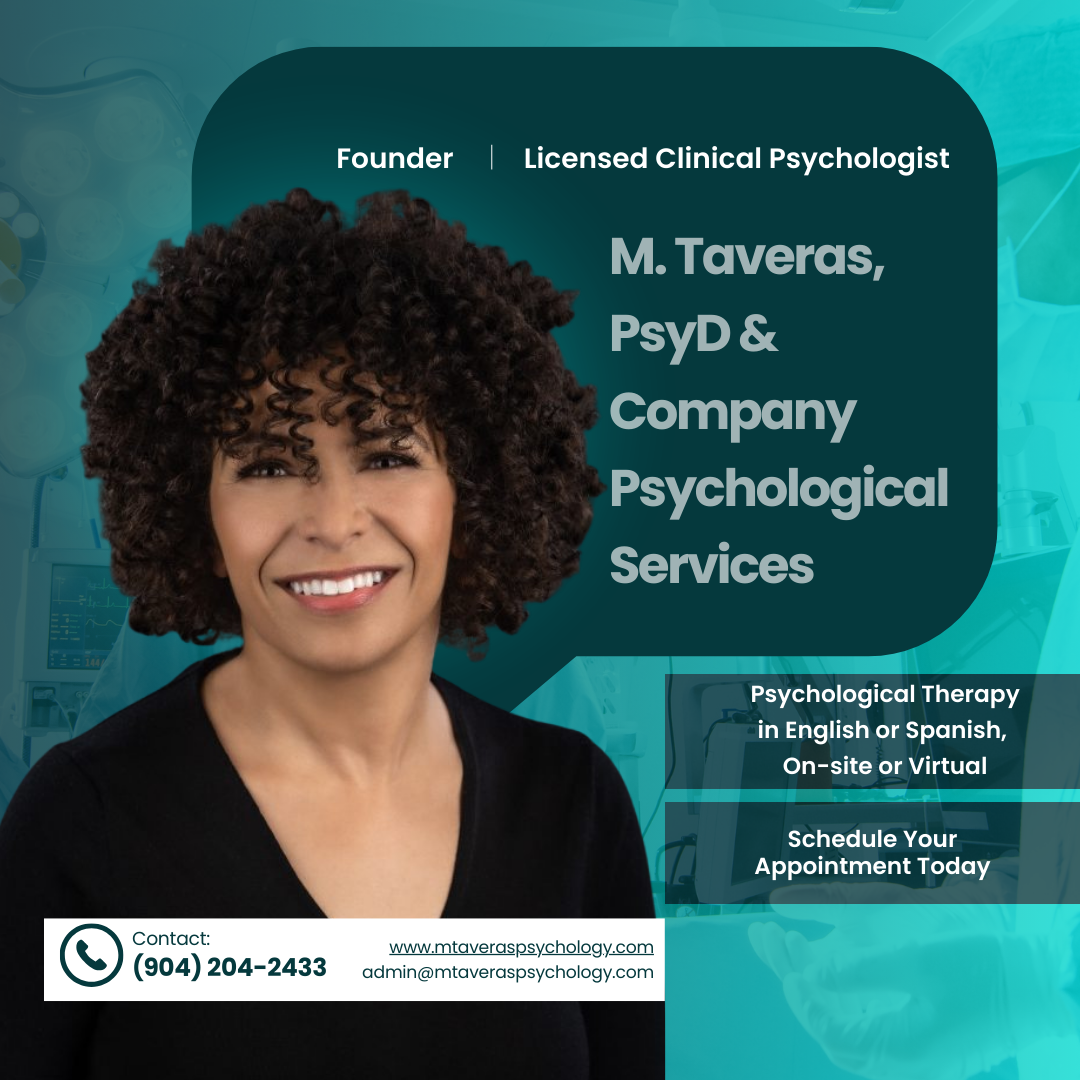 Business card or flyer for M. Taveras, a licensed clinical psychologist and company psychological services. Features a portrait of a smiling woman with curly hair, contact information, and details about psychological therapy in English or Spanish, available on-site or virtual.