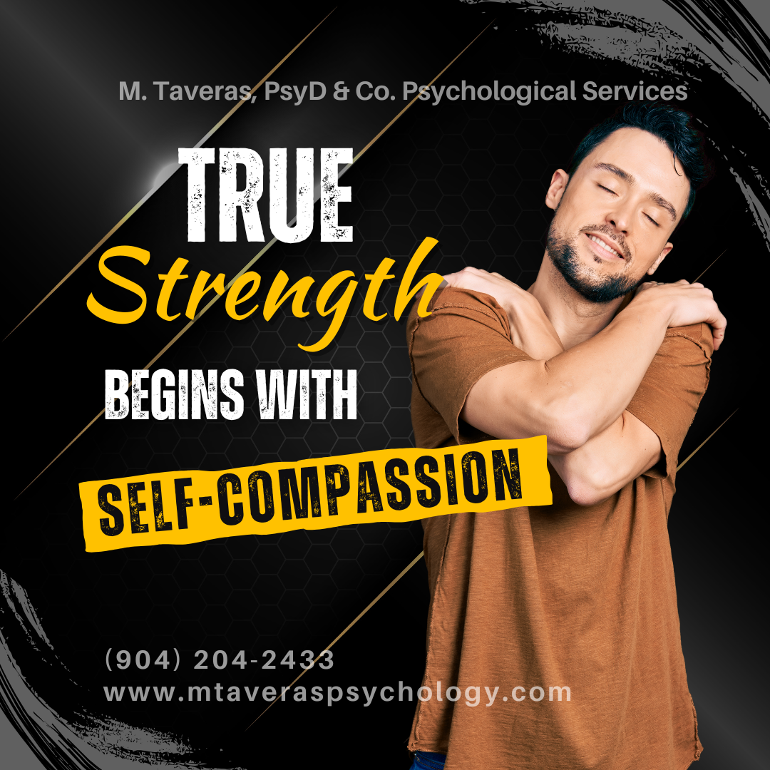 A man hugging himself with text promoting psychological services. M. Taveras, PsyD & Co. provides professional therapy and mental health counseling for anxiety, depression, trauma, grief, and emotional wellness in Florida.
