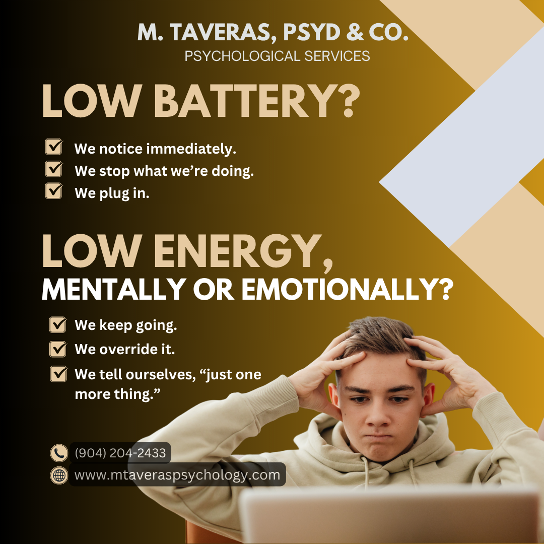 Advertisement for M. Taveras, PSYD & Co. Psychological Services, focusing on low energy and emotional or mental exhaustion. Features a young man holding his head in distress and includes contact information.
