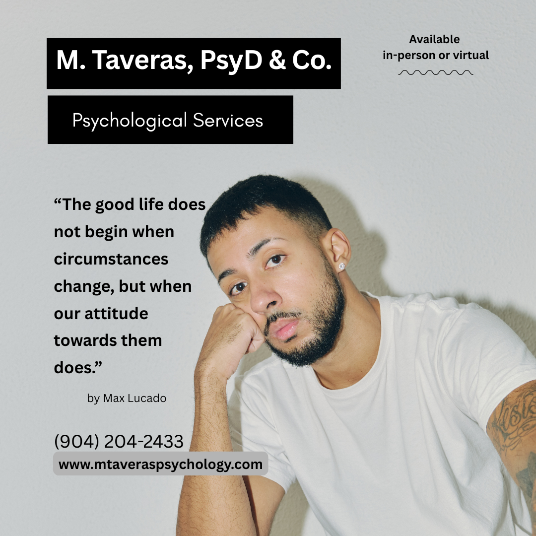 Business flyer for M. Taveras, PsyD & Co., offering psychological services, with a man resting his head on his hand, quote about attitude and circumstances by Max Lucado, contact info including phone number and website.