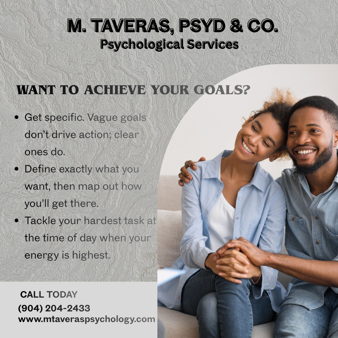 Flyer for M. Taveras, PSYD & CO. Psychological Services, with a smiling couple sitting on a couch, holding hands, and a list of tips for achieving goals, including being specific, defining exactly what you want, and tackling the hardest task during peak energy times.