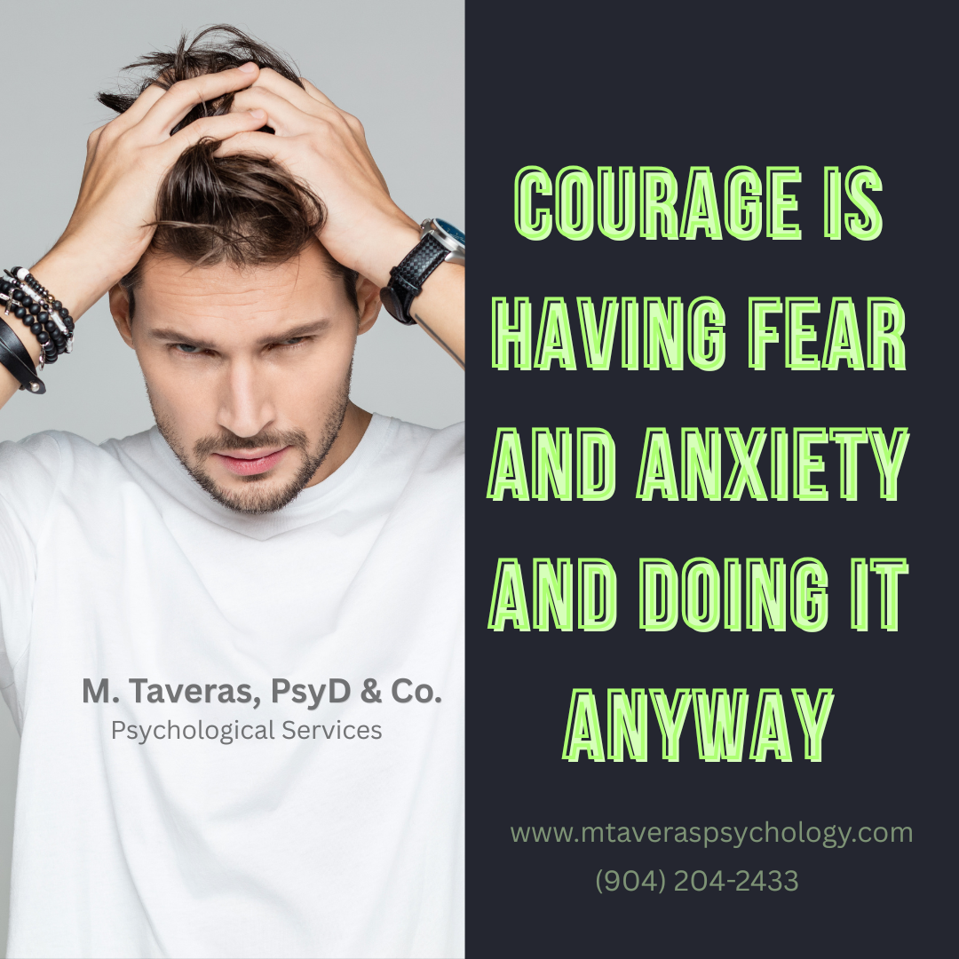 Social media post of a man holding his head with a distressed with text promoting psychological services and mental health support.