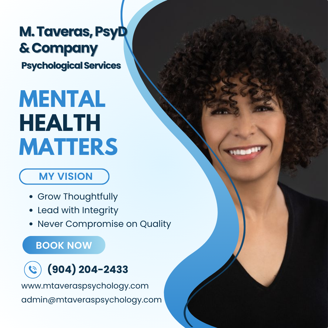 Business card for M. Taveras, PsyD & Company, emphasizing mental health and psychological services. It features a smiling woman with curly hair on a black background and includes contact information and a call to action to book now.