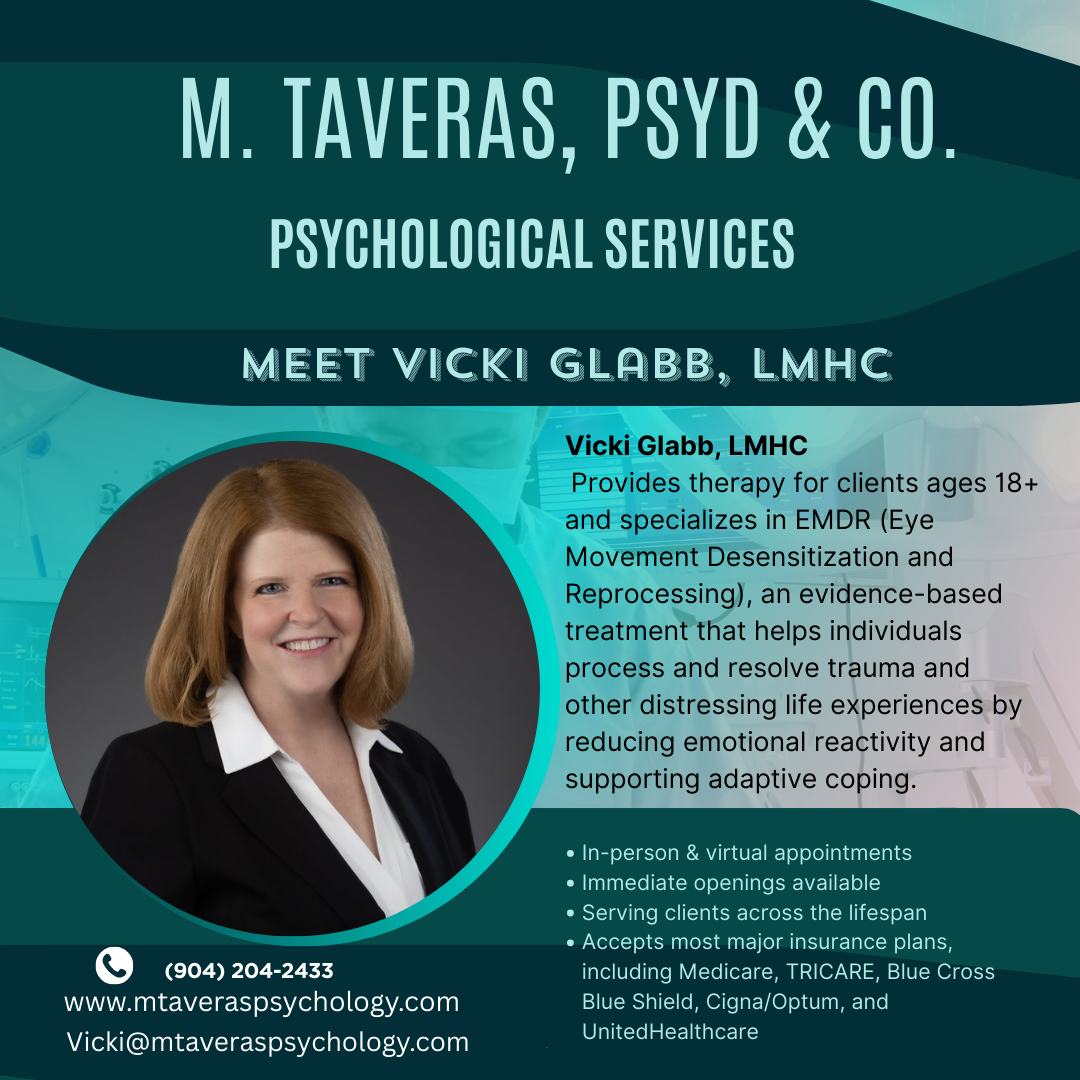 Business flyer for M. Taveras, PsyD & Co. promoting psychological services, featuring a photo of Vicki Glabb, LMHC, with details about her therapy specialization including EMDR for clients 18+, therapy methods, contact information, and service highlights.