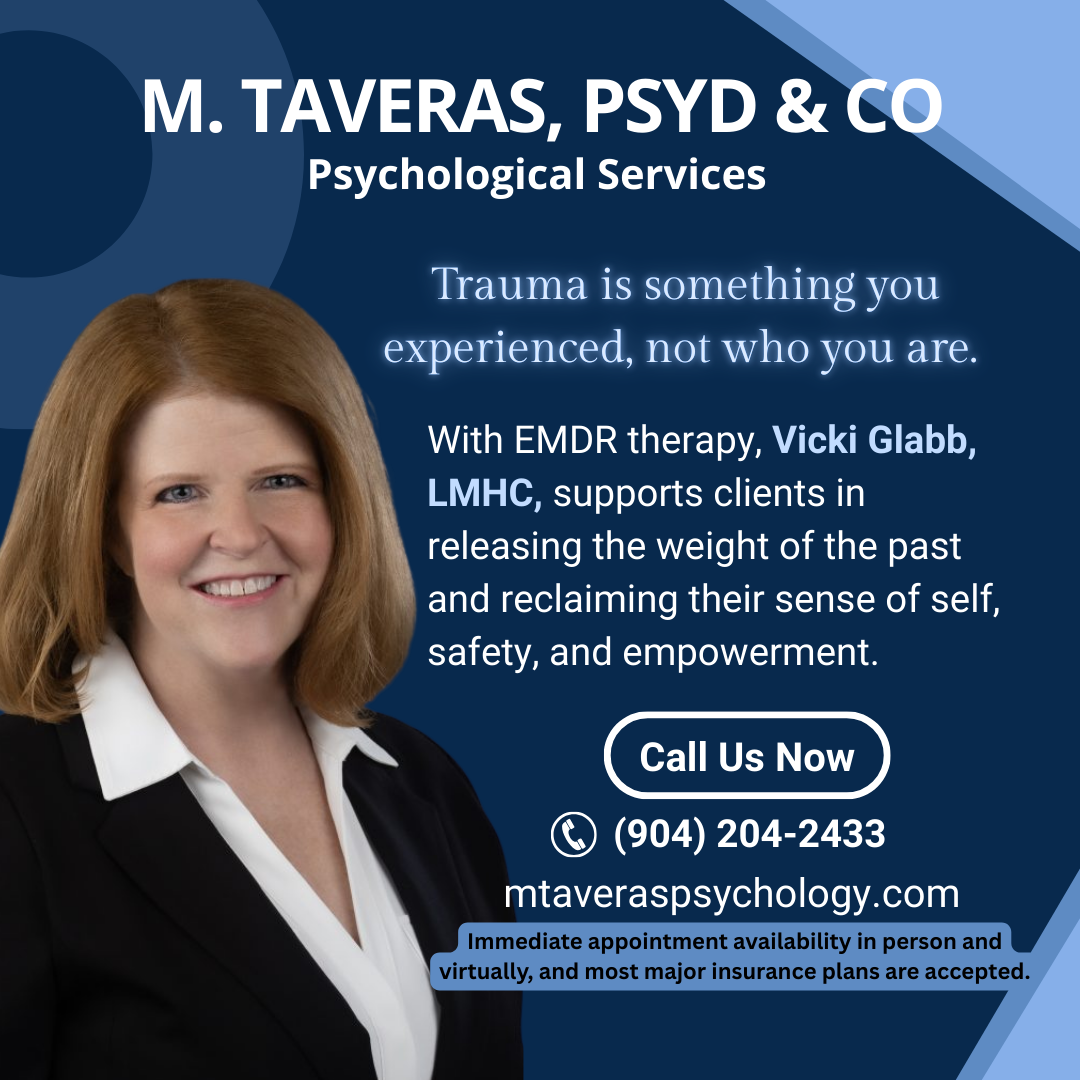 Advertisement for M. Taveras, PSYD & CO Psychological Services featuring a professional woman with red hair in a black blazer, smiling, with the text highlighting trauma therapy, contact information, and a call to action.