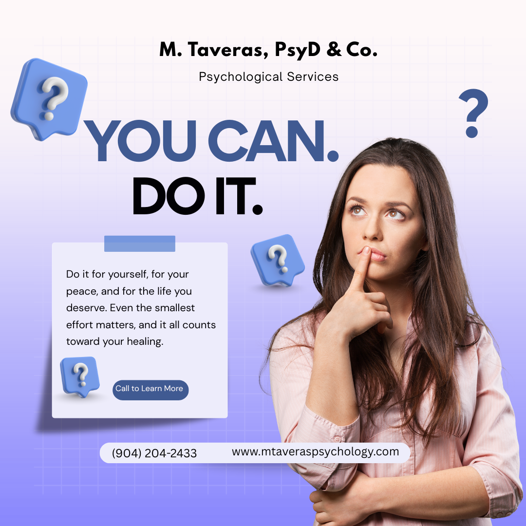 A promotional flyer for M. Taveras, PsyD & Co. Psychological Services, encouraging self-care and healing with a woman thinking, surrounded by question mark icons and online contact information.