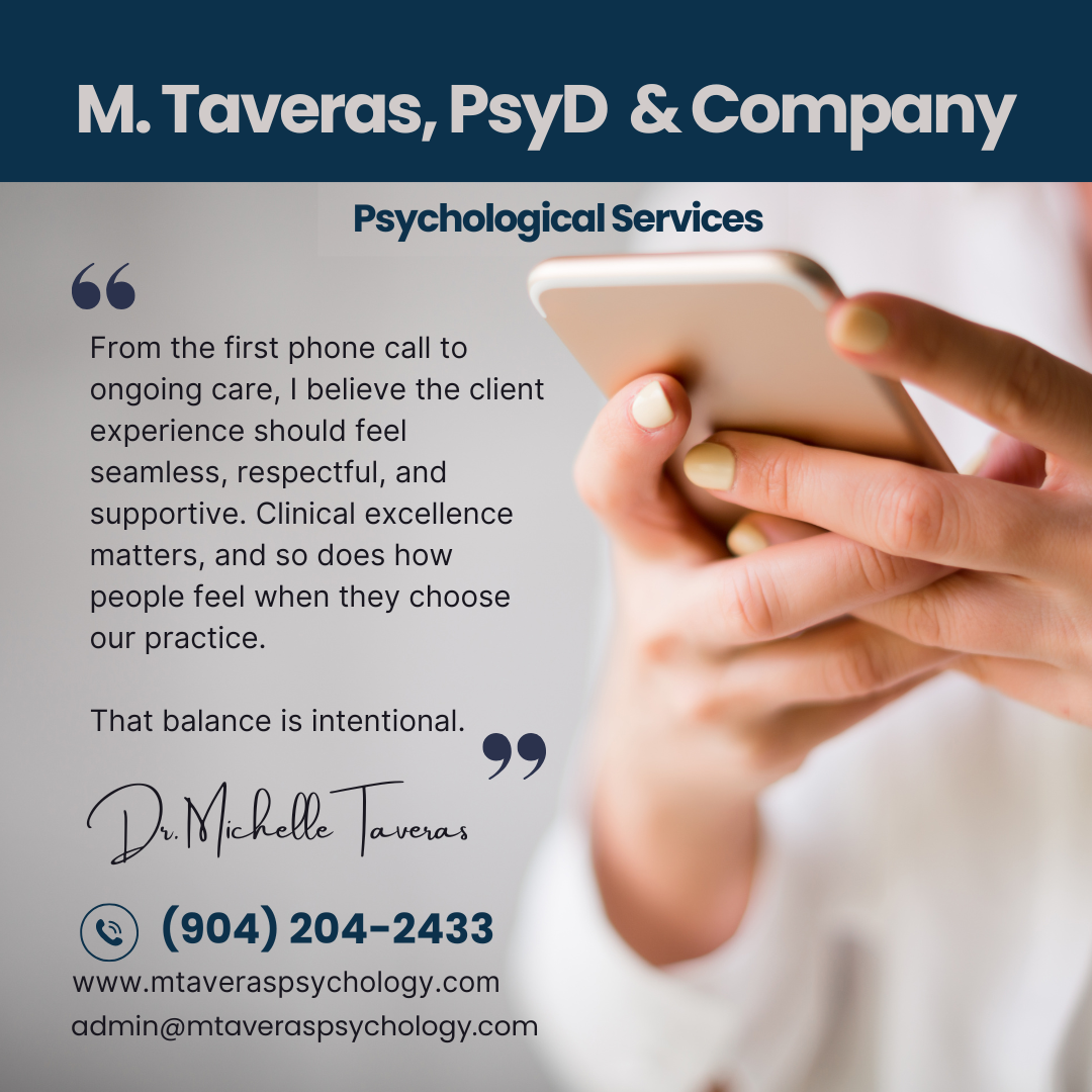 A business card for M. Taveras, PsyD & Company featuring a quote about patient experience, contact information, and a blurred background showing a person holding a smartphone.