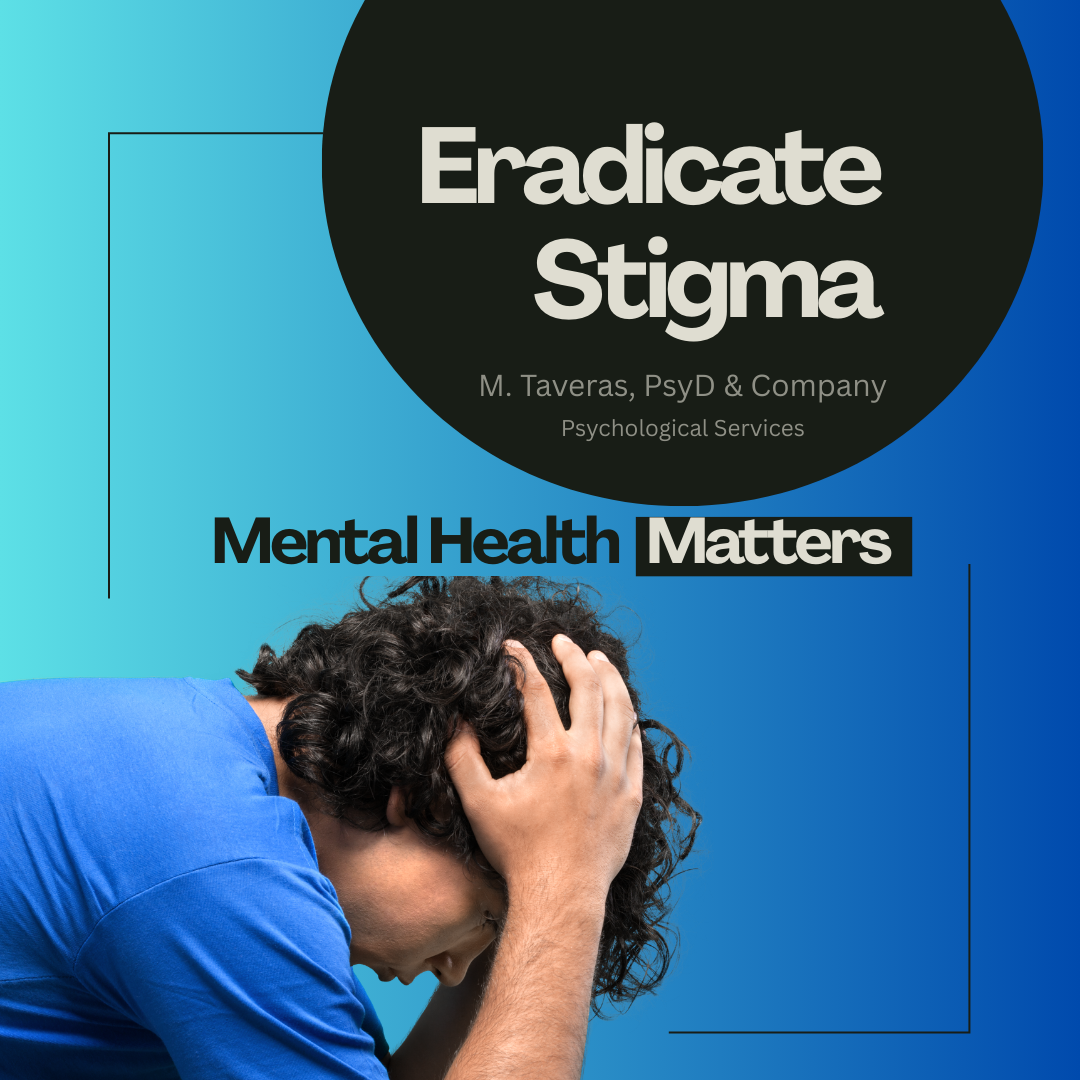 Book cover titled 'Erase Stigma' by M. Taveras, PsyD & Company, on mental health awareness, with a photo of a man holding his head in distress.