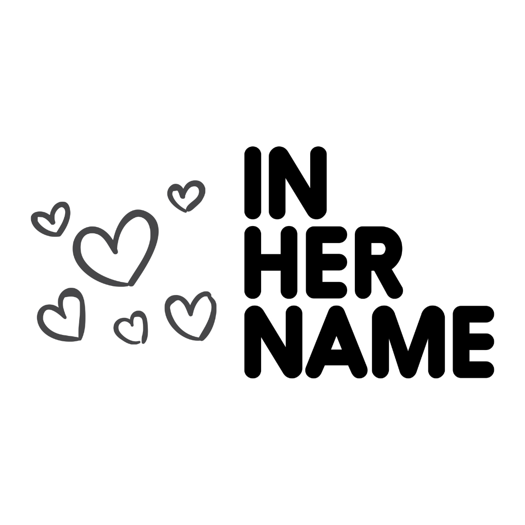 In Her Name logo and the link to its website.