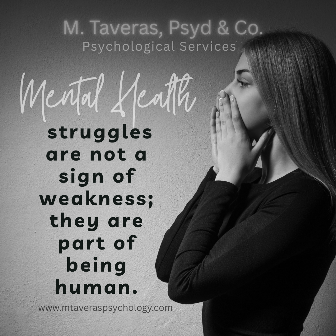 A woman with long hair in a black shirt covering her mouth with her hands, looking contemplative, next to a quote about mental health on a textured wall background.