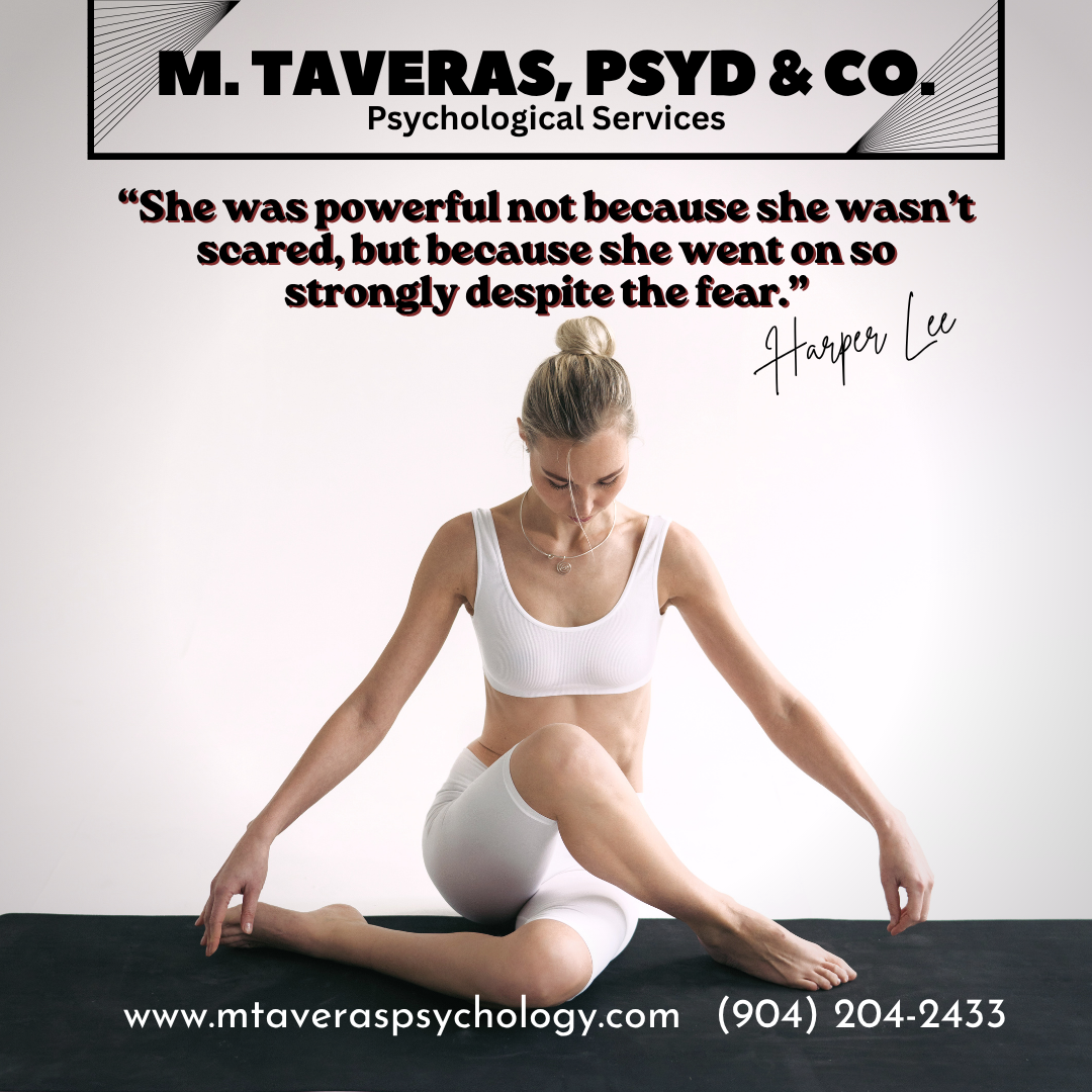 Poster for M. Taveras, PSYD & Co. Psychological Services featuring a quote by Harper Lee and a woman doing yoga on a black mat, with the clinic's website and phone number at the bottom.