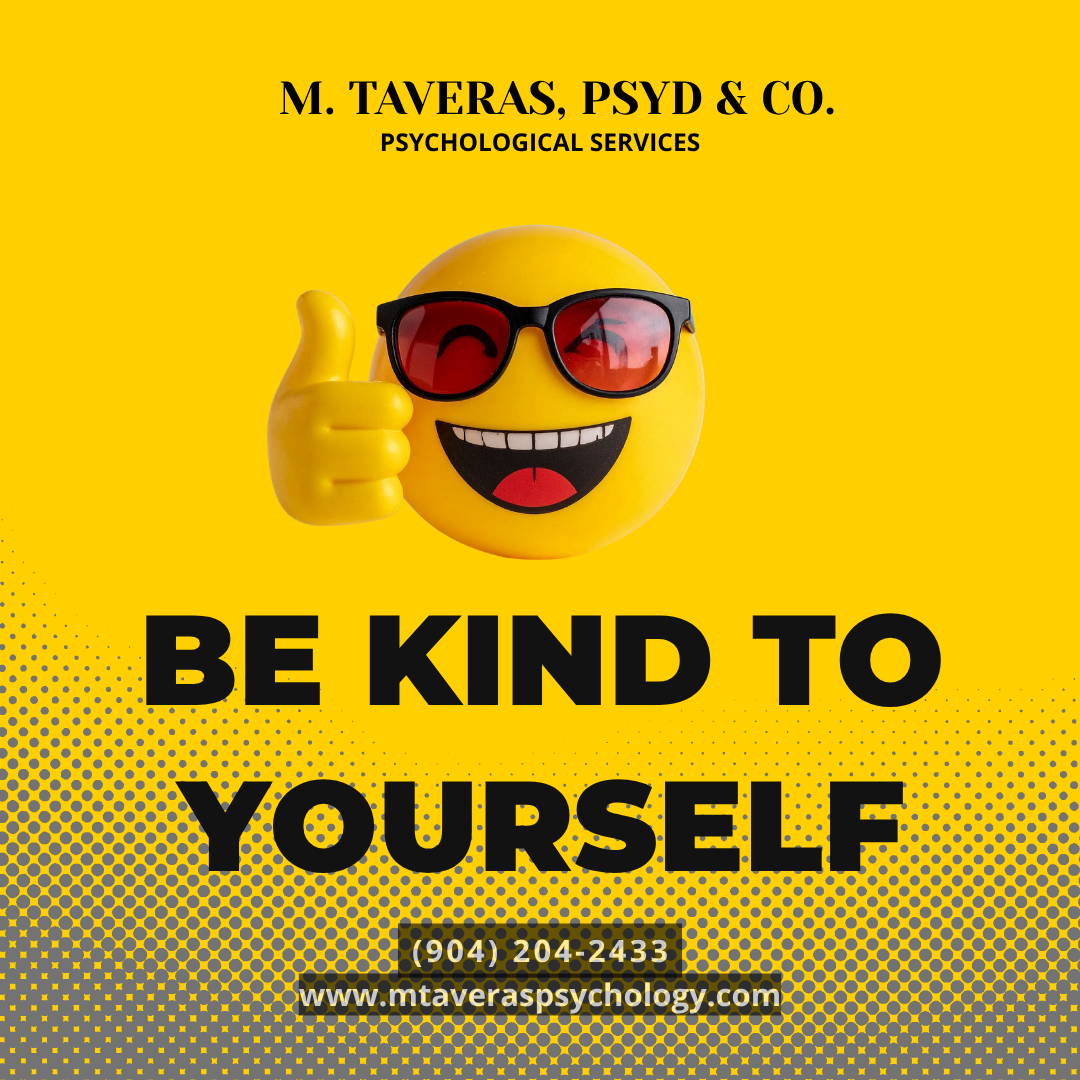 Bright yellow background with a yellow smiley face wearing dark sunglasses and giving a thumbs-up. Text promoting mental health services from M. Taveras, PsyD & Co., with contact details and website.