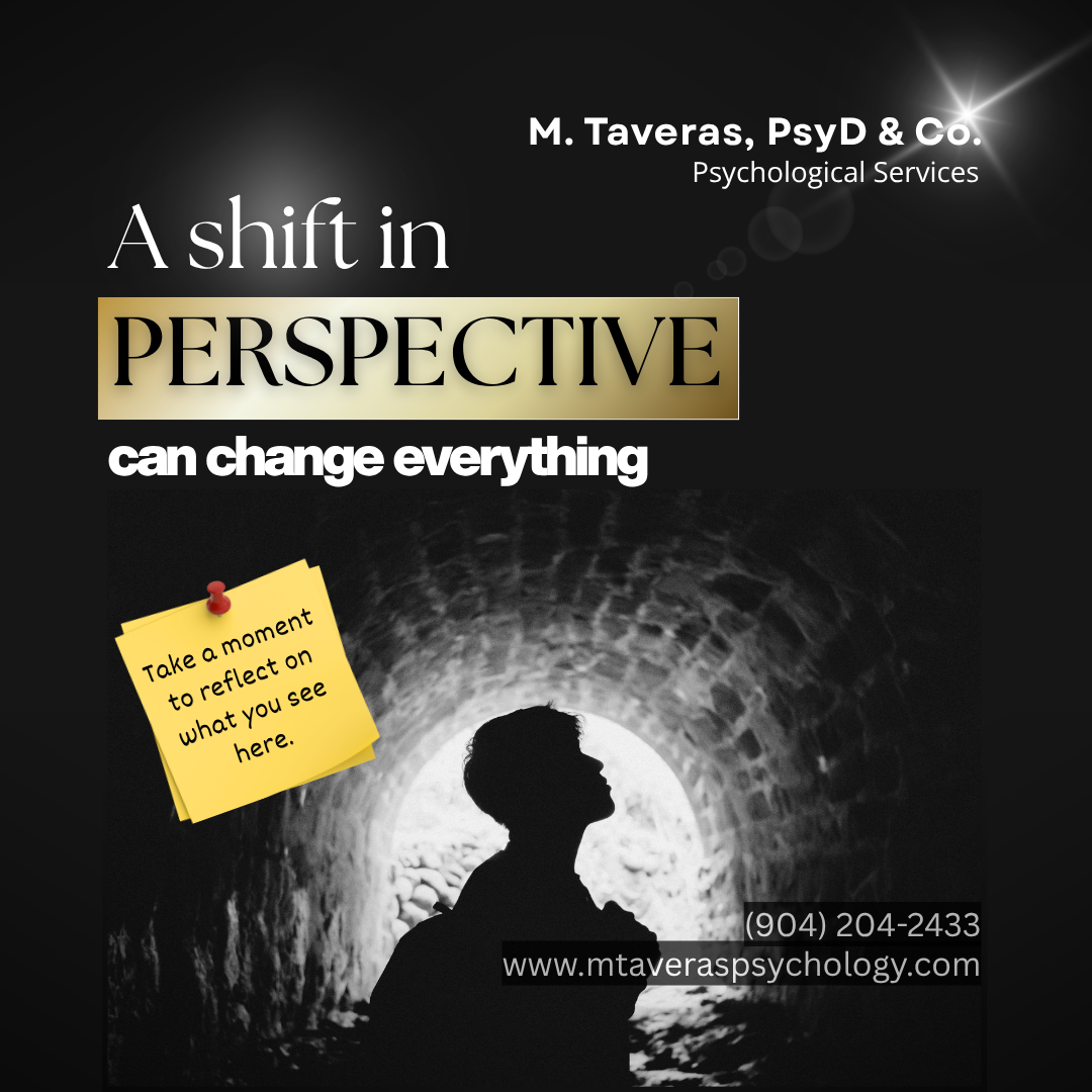 Poster advertising psychological services by M. Taveras, PsyD & Co., featuring the text 'A shift in perspective can change everything,' a silhouette of a person in a tunnel, a sticky note with 'Take a moment to reflect on what you see here,' and contact information including a phone number and website.
