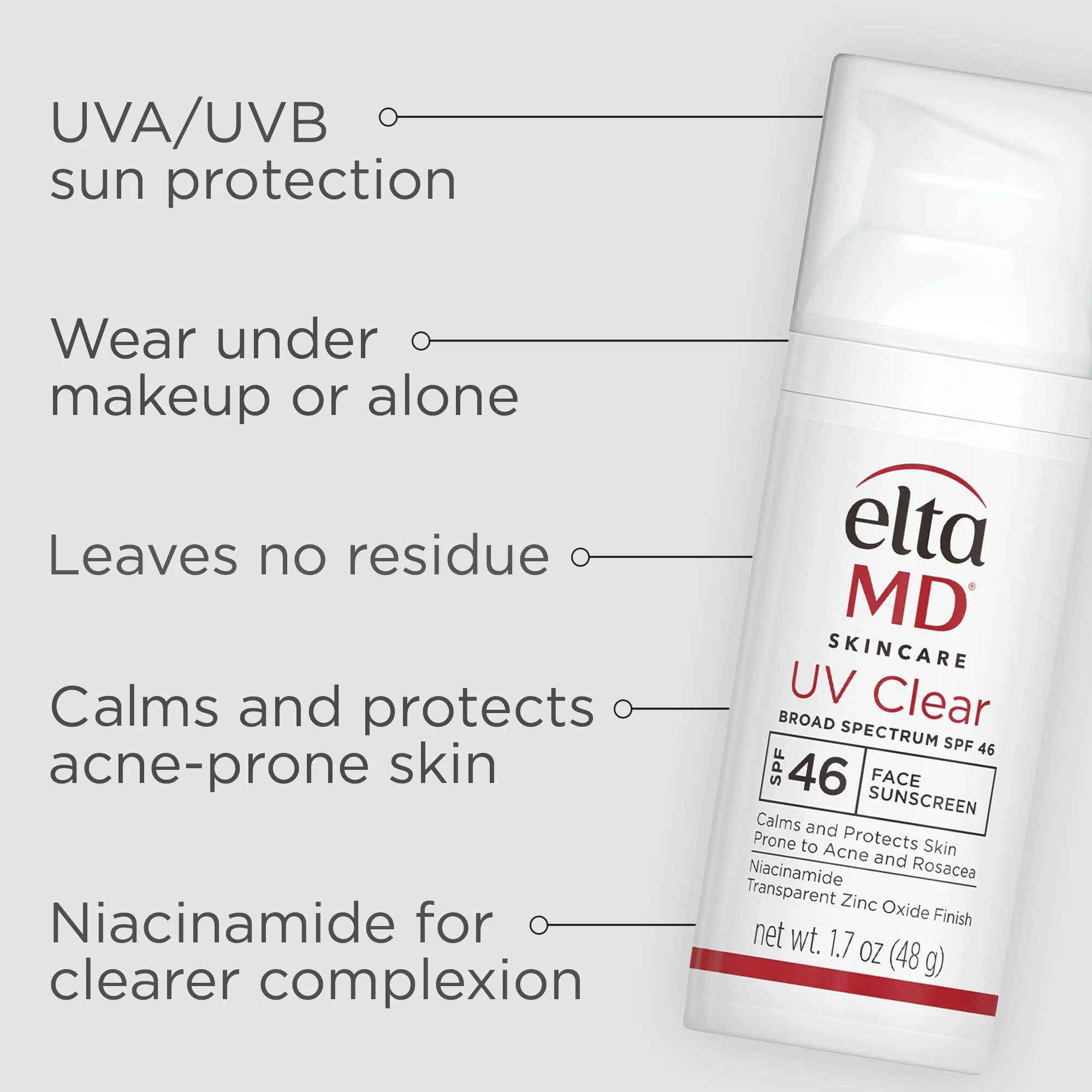A white tube of EltaMD UV Clear Broad Spectrum SPF 46 sunscreen. The label includes details about its skin calming, anti-redness, and acne-prone skin benefits, as well as ingredients like niacinamide, zinc oxide, and titanium dioxide.