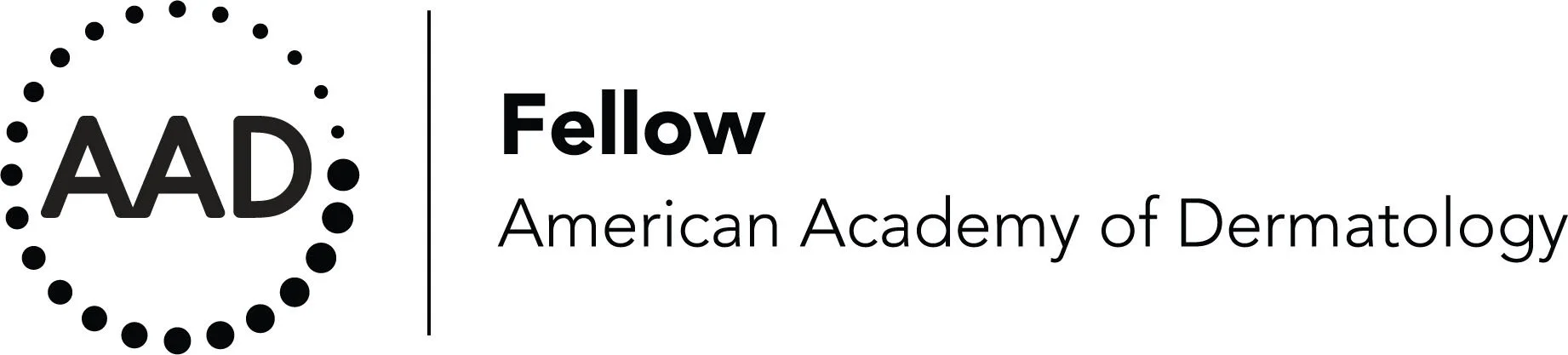 Logo of the American Academy of Dermatology, featuring a dotted circle surrounding the letters "AAD" and the text "Fellow American Academy of Dermatology."