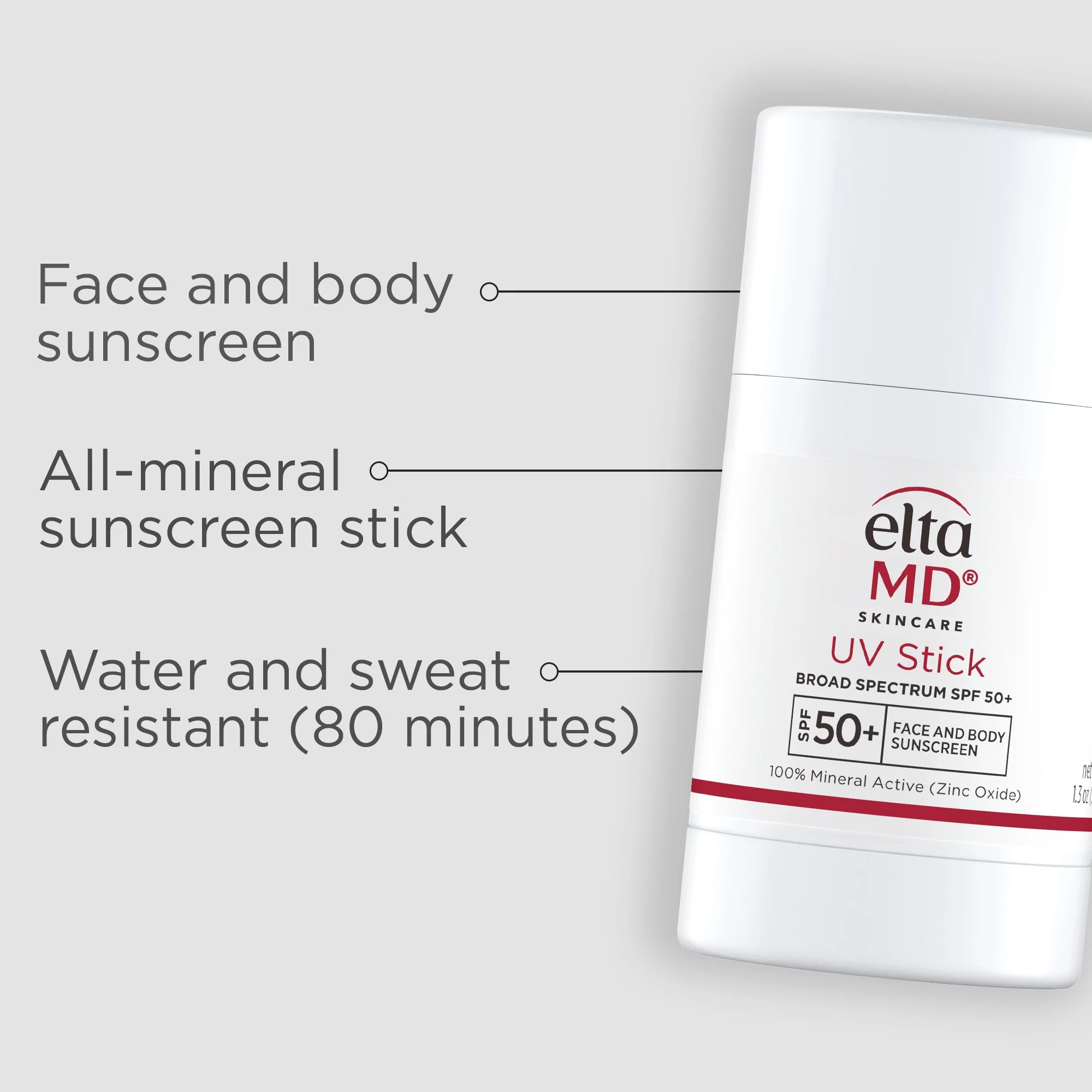 Close-up of a white sunscreen stick container labeled 'EltaMD UV Stick' with SPF 50+ broad spectrum protection facing right.