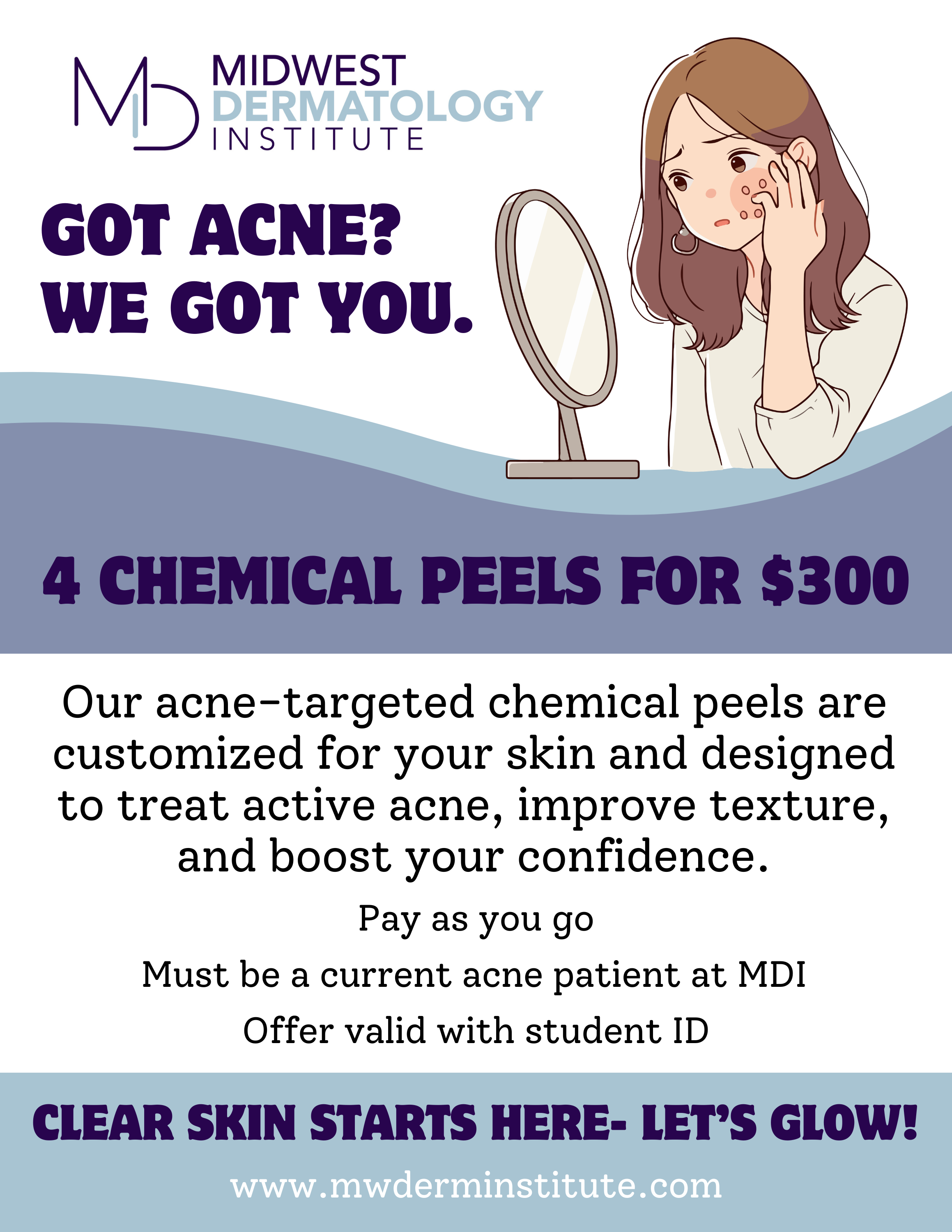Illustration of a woman with acne on her face looking into a mirror, with text advertising acne treatments at Midwest Dermatology Institute.