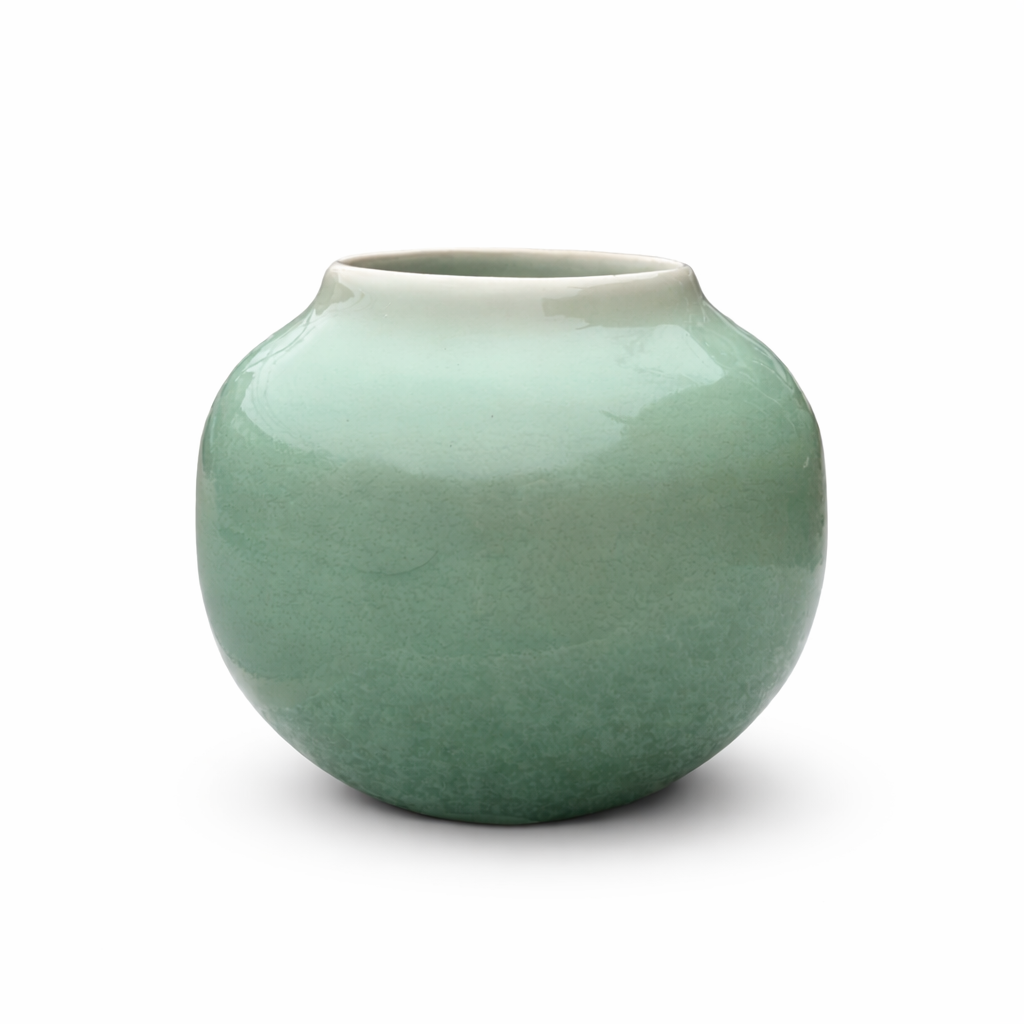 A round, light green ceramic vase with a smooth, glossy surface, set against a white background.