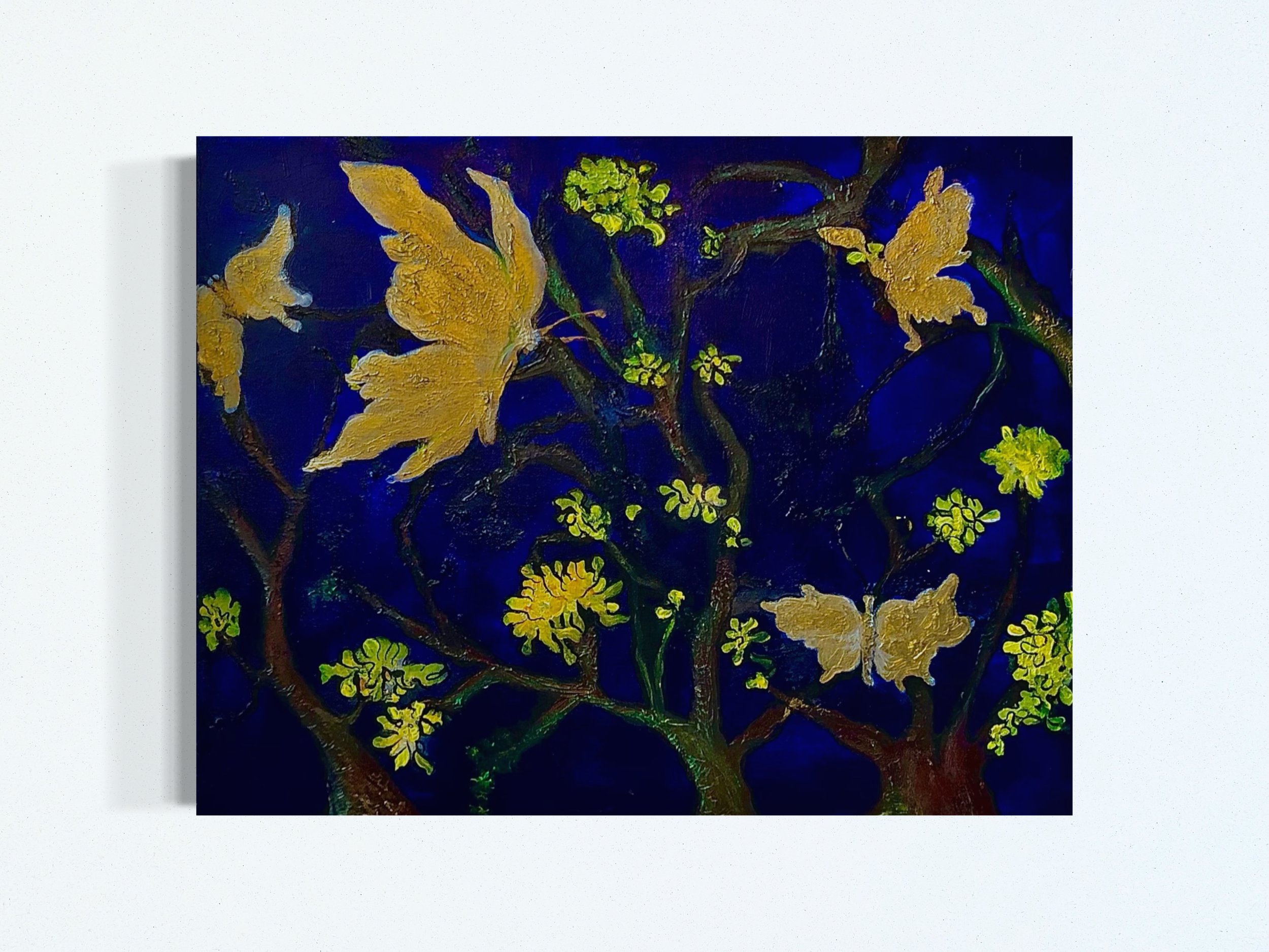 Artistic painting of branches with yellow and green leaves on a dark blue background.