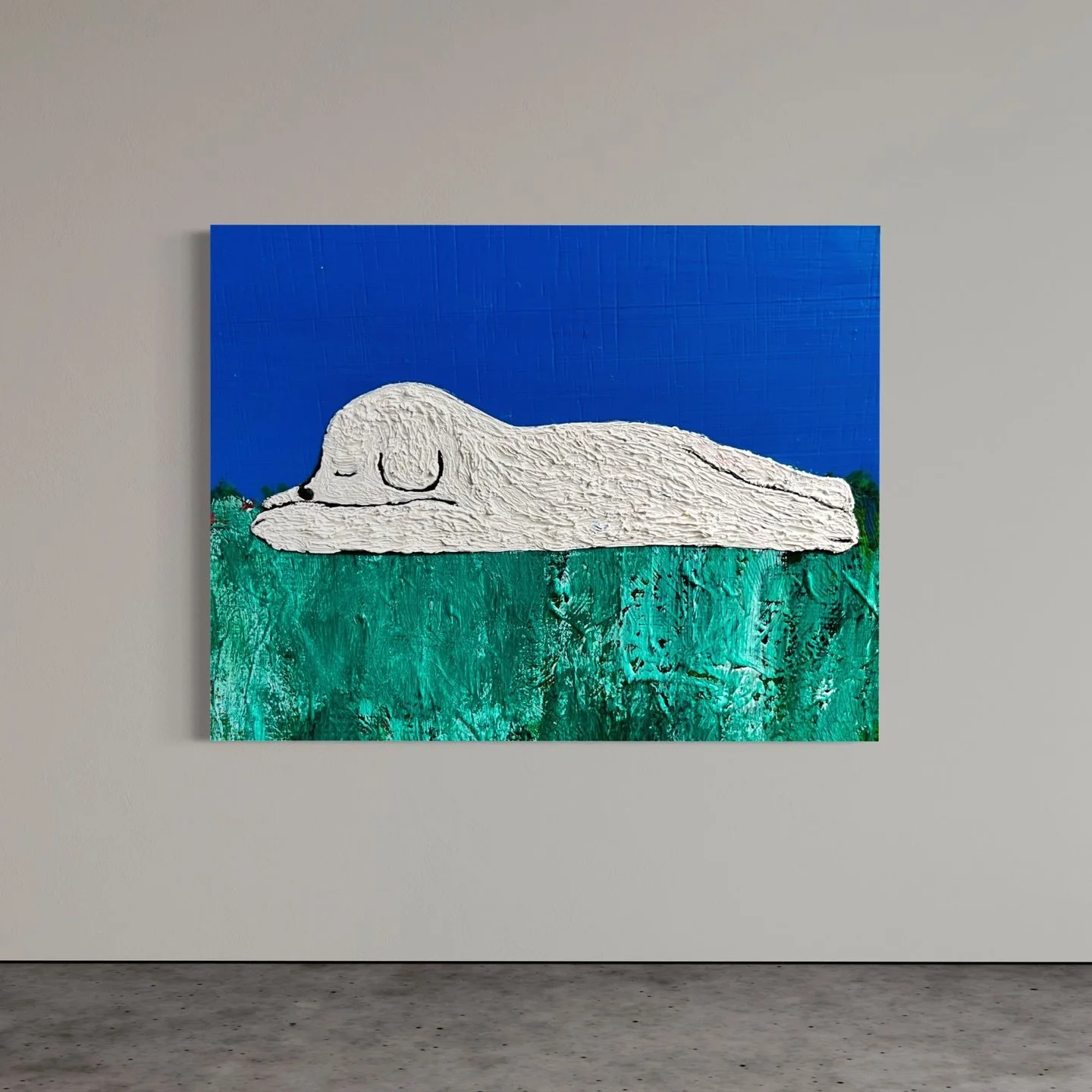 Painting of a white dog lying down and sleeping on green grass against a blue background.