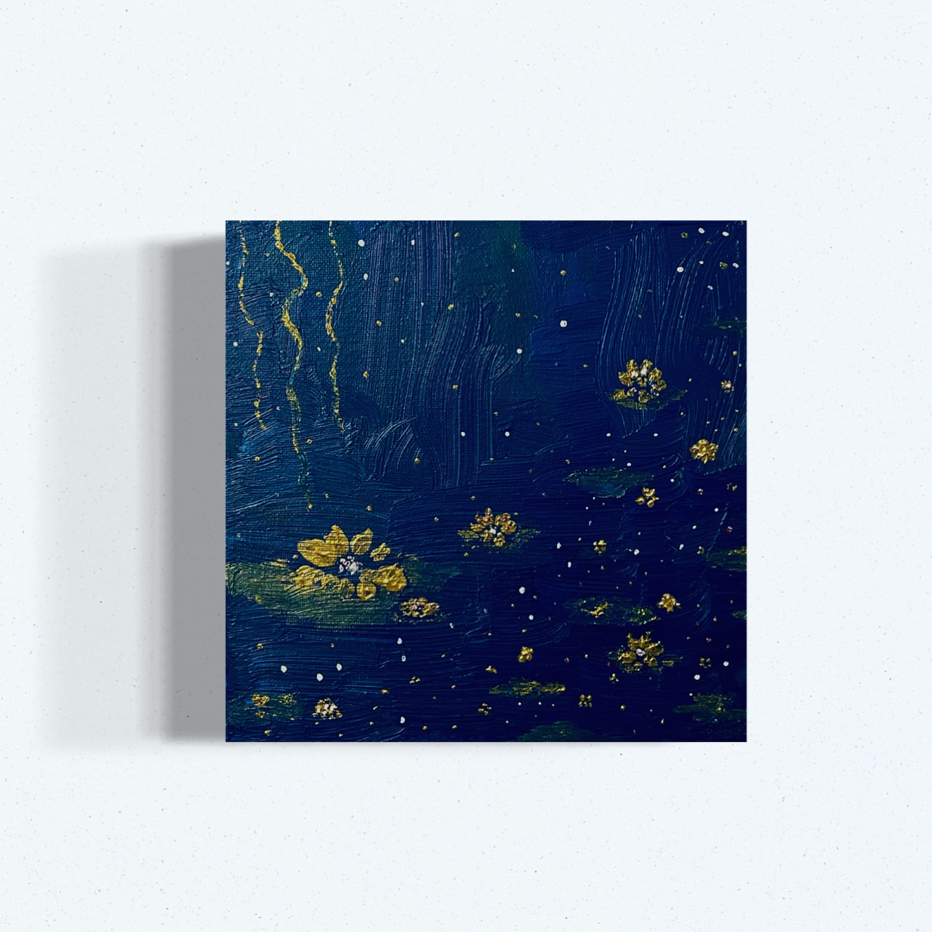 A painting inspired by Vincent van Gogh's 'Starry Night,' featuring a swirling dark blue night sky with bright yellow stars and floral motifs.