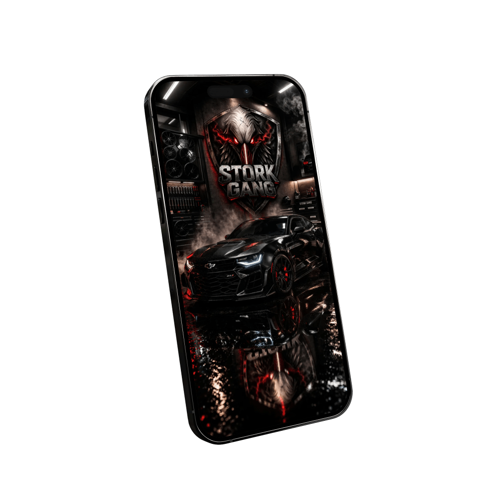 Une image d'un téléphone affichant une bannière avec une voiture noire sportive, une marque Chevrolet, devant un fond sombre avec un logo de gang nommé 'Stork Gang' et un oiseau avec des yeux rouges, dans un style sombre et intense.