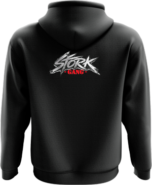 Sweat à capuche noir avec le logo 'Stork Gang' en blanc et rouge à l'arrière.