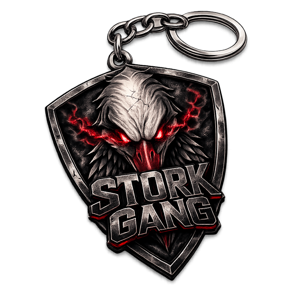 Porte-clés avec un badge représentant un loup effrayant et le texte "STORK GANG".