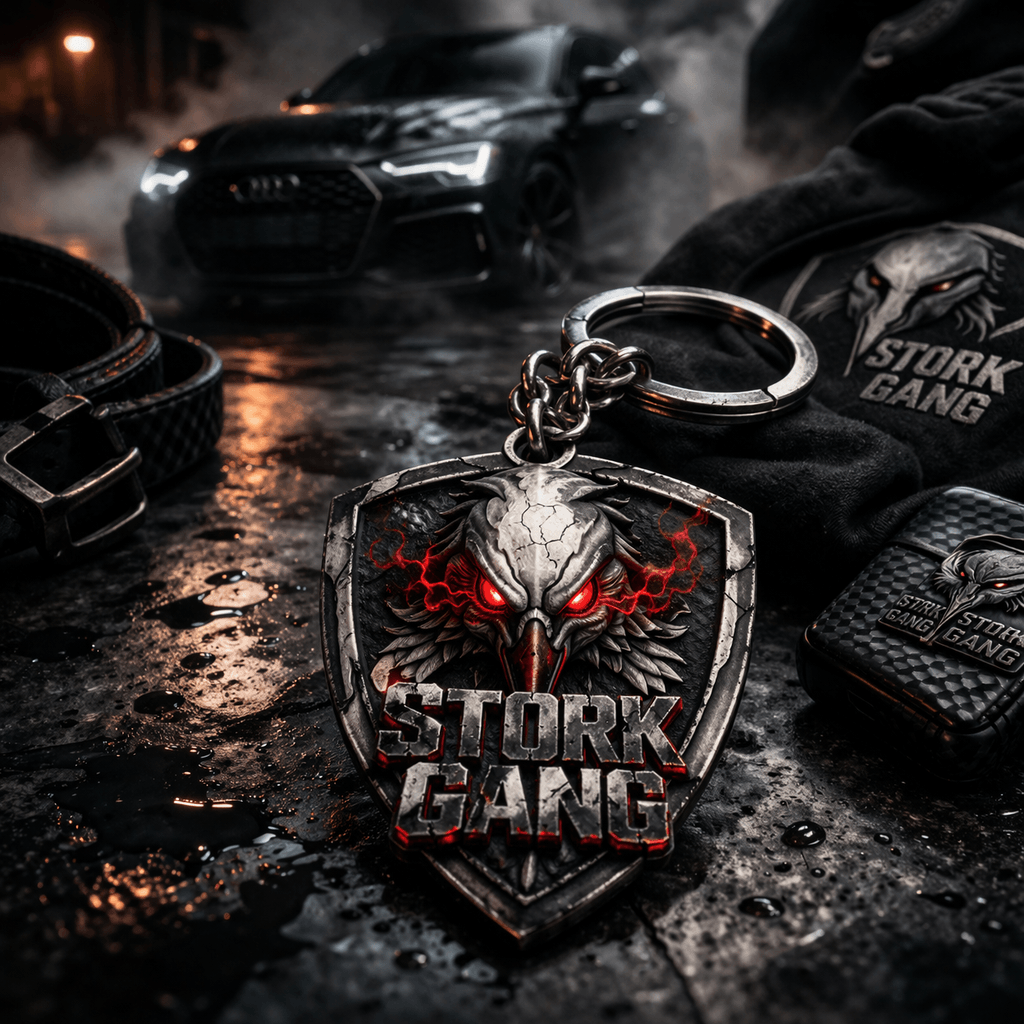 Clé avec un pendentif en forme d'aigle avec les yeux rouges et le texte 'Stork Gang'. Autres objets visibles incluent une voiture noire, un portefeuille en fibre de carbone, et des vêtements ou accessoires avec le même logo 'Stork Gang', le tout sur une surface humide et sombre.