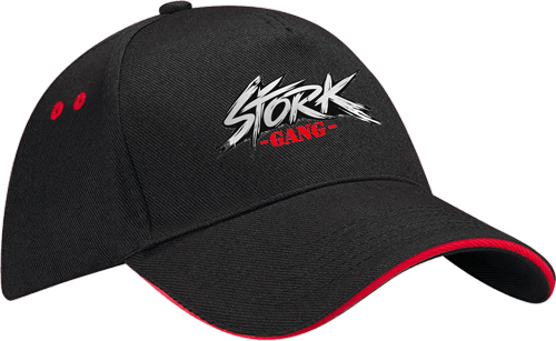 Casquette noire avec logo 'Stork Gang' en blanc et rouge.