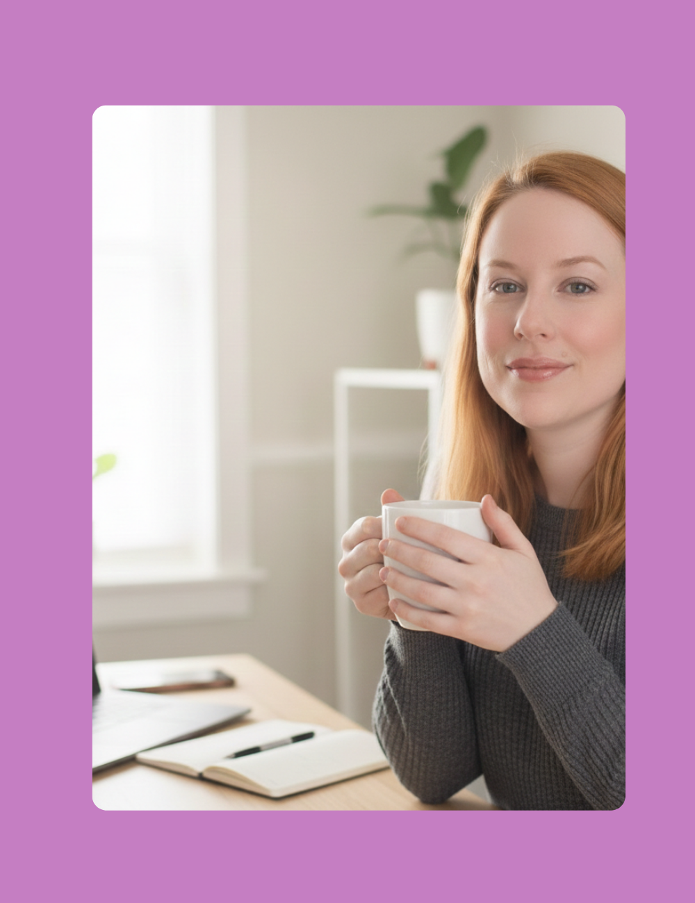 Hannah O'Neill holding coffee mug purple background