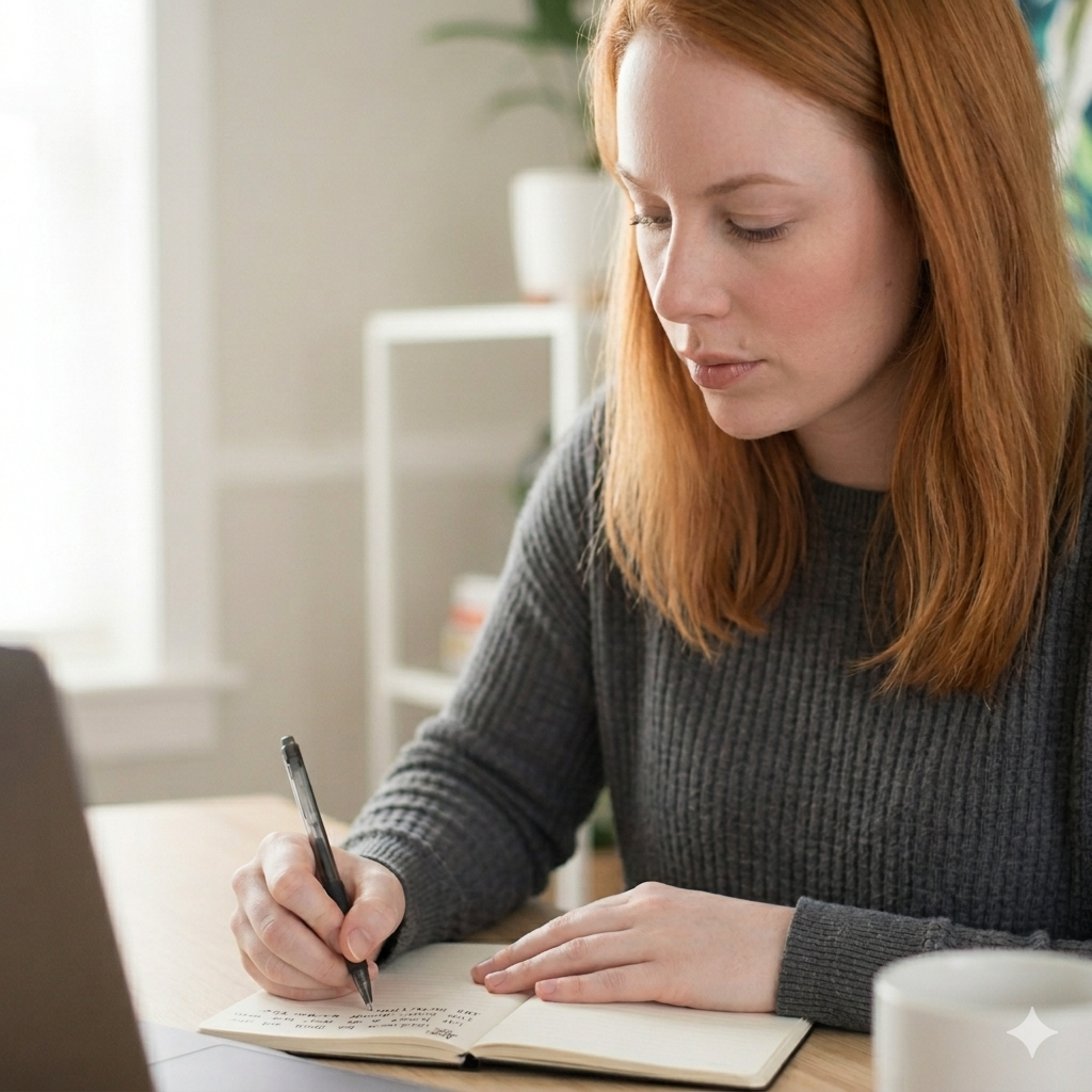 Hannah O'Neill writing at her desk