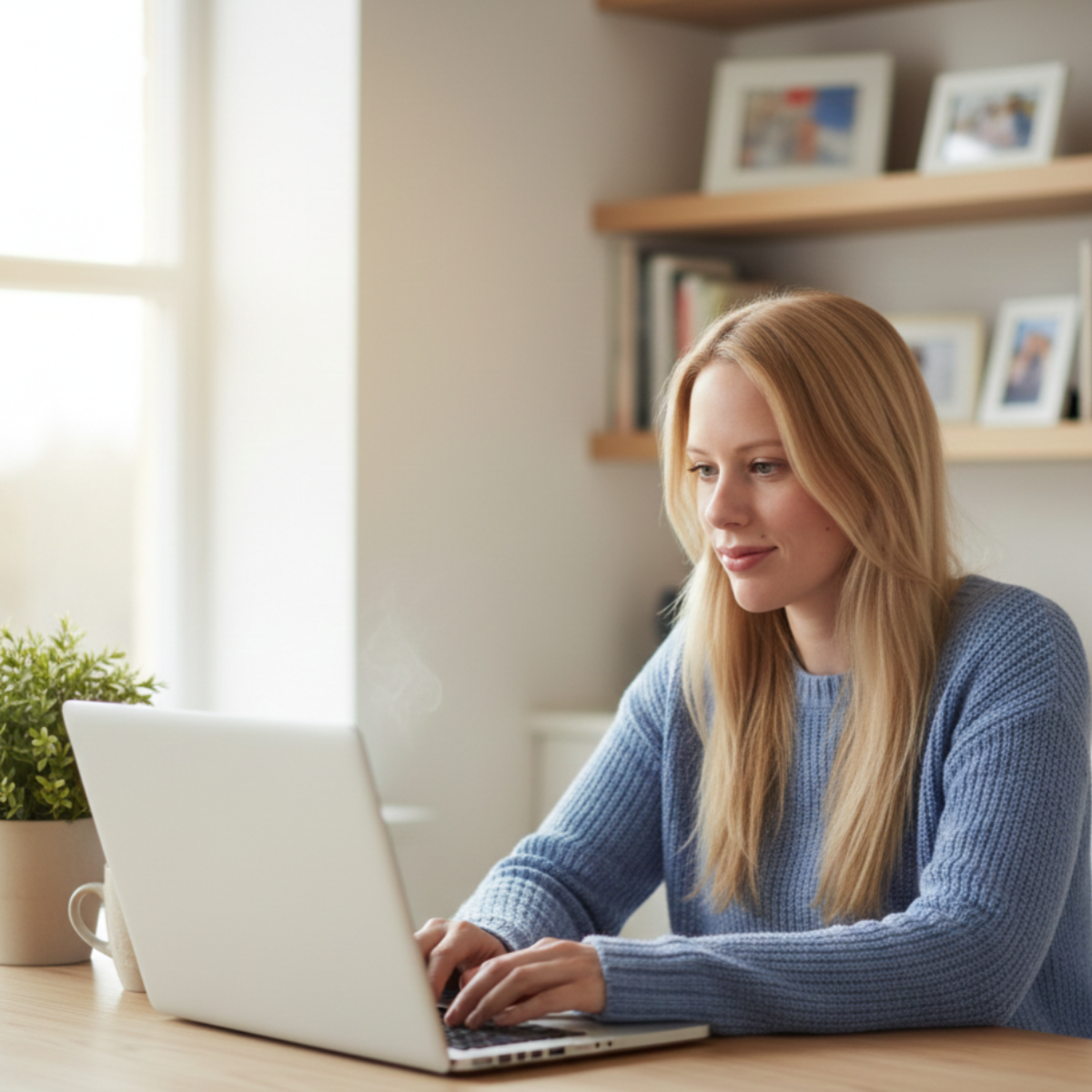 hannah oneill purple jumper sitting in living room using laptop