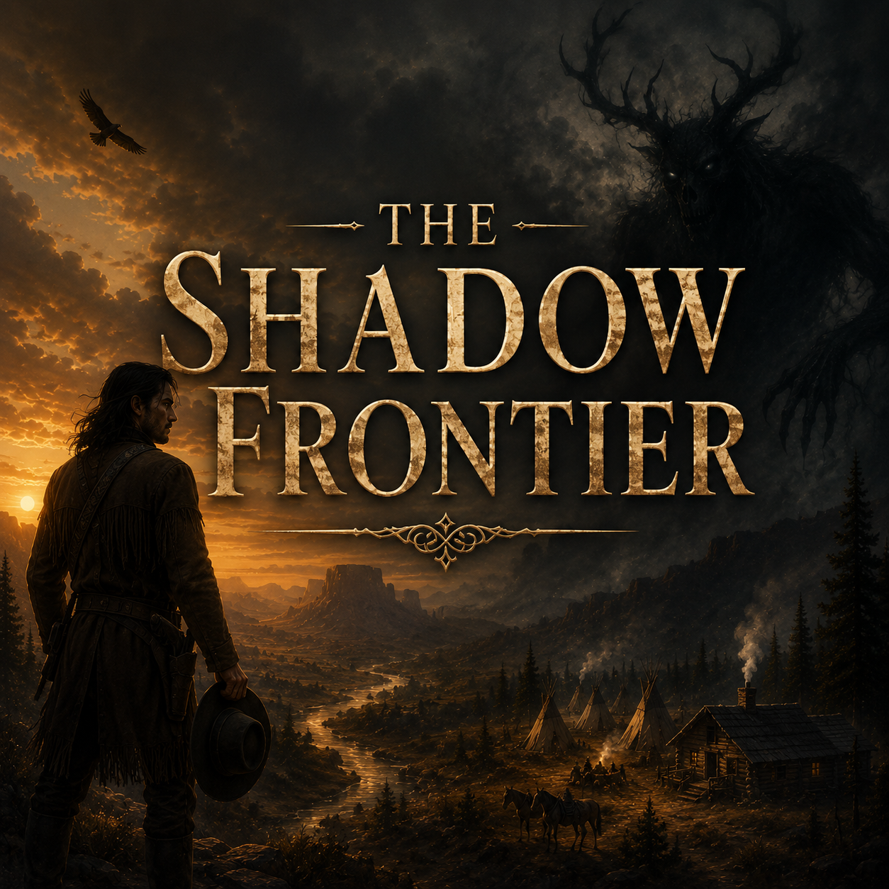 Poster for the  'The Shadow Frontier' depicting a man in frontier attire holding a hat, standing in a wilderness landscape at sunset with mountains, trees, tipi tents, and smoke in the background; large dark figure with antlers and glowing eyes looms in the sky, and an eagle soars overhead.